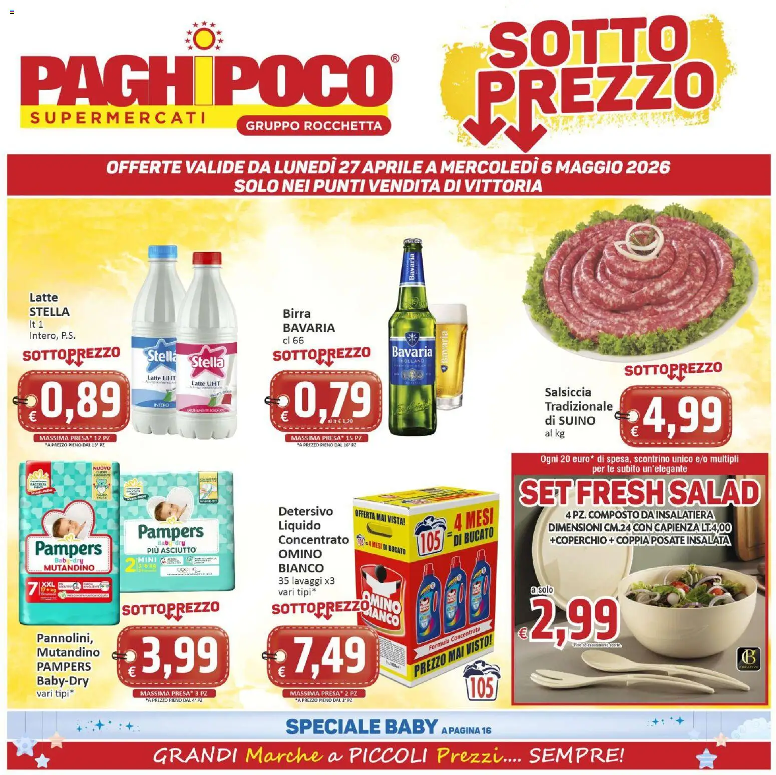 Volantino Paghi Poco del 27.04.2026 | Pagina: 1 | Prodotti: Posate, Salsiccia, Pampers, Presa