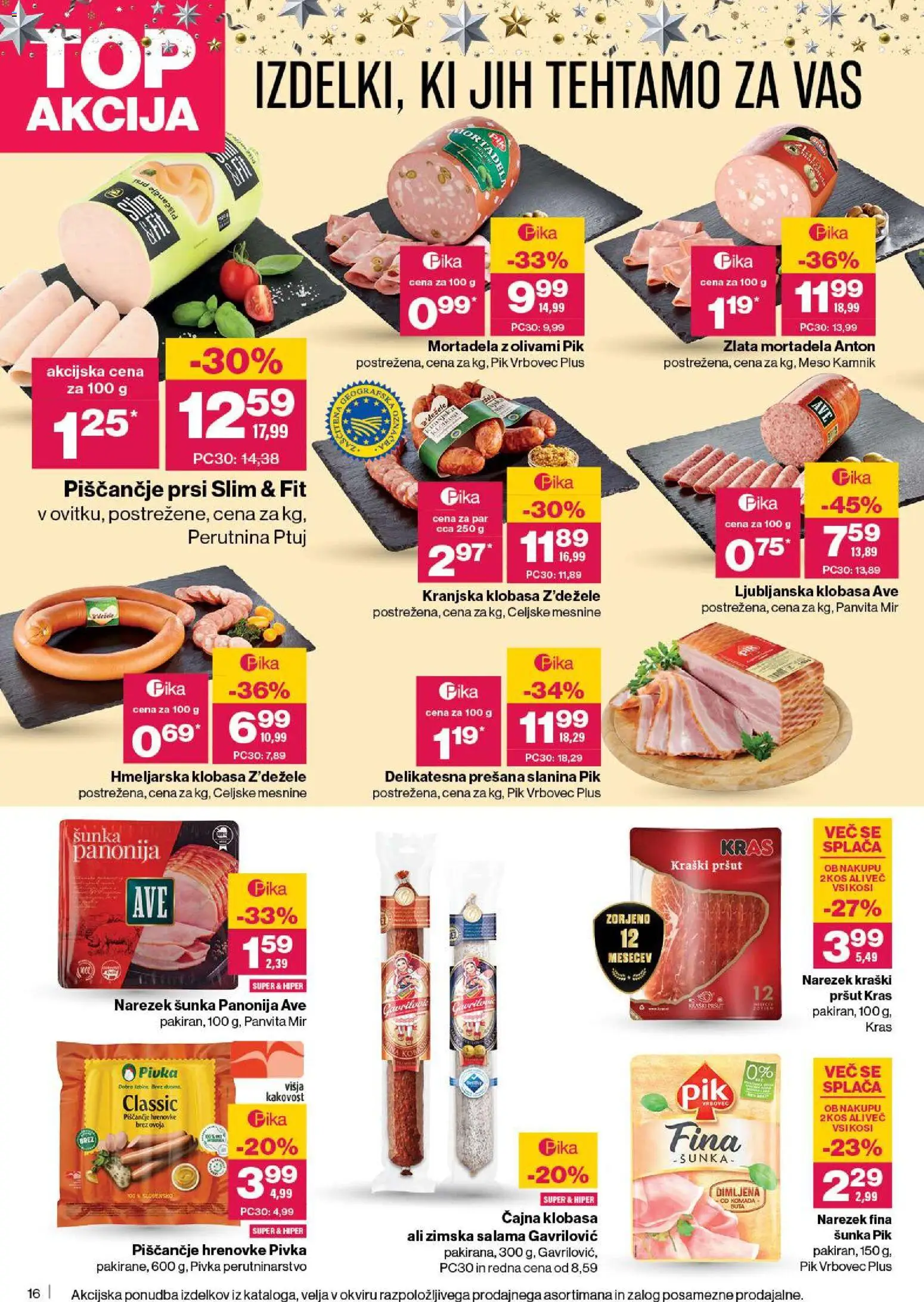 Novi Mercator katalog ponudbe – veljaven od 27.11.2025 | Stran: 16 | Izdelki: Hrenovke, Mortadela, Salama, Sunka