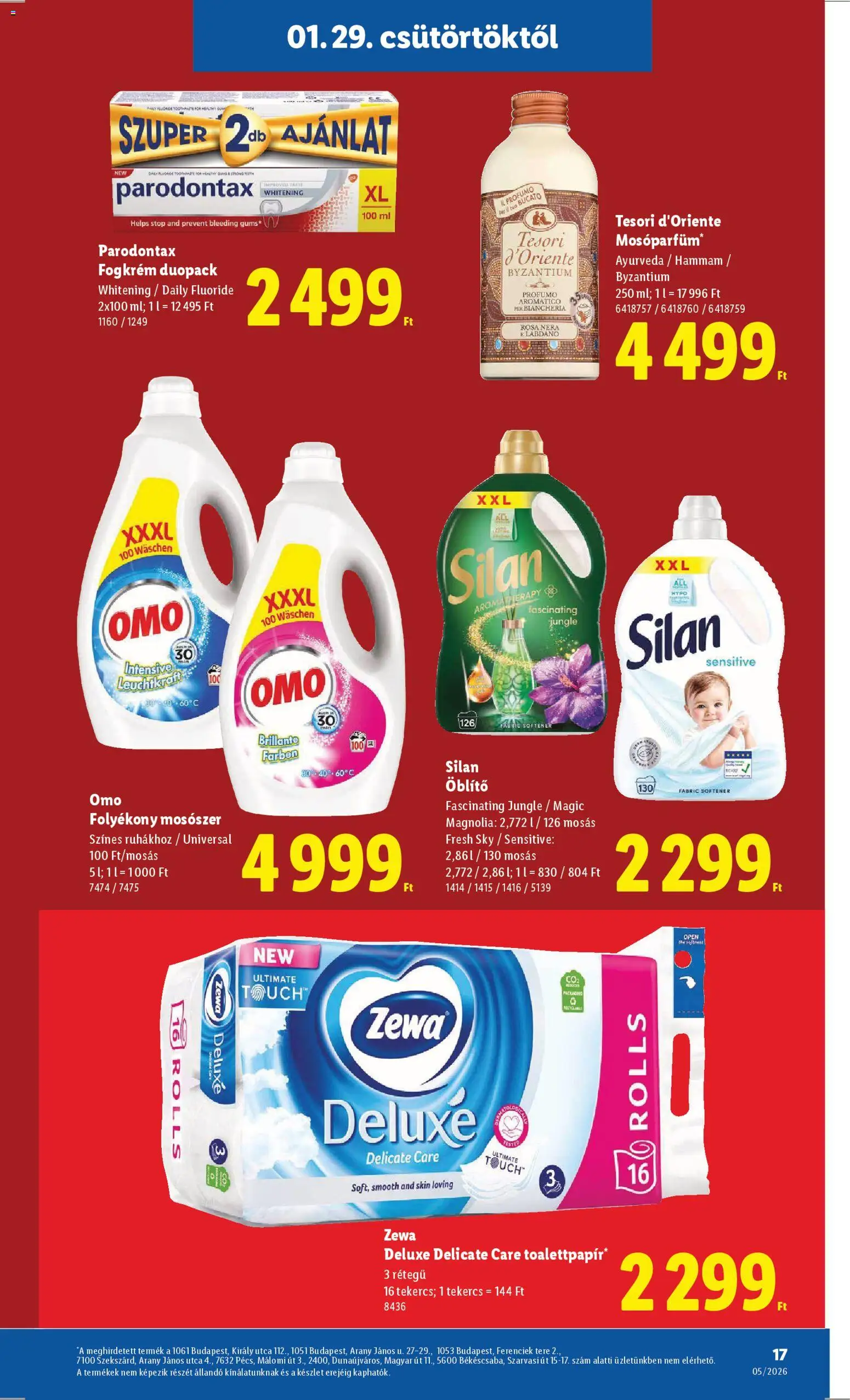 Lidl akciós ujság - amely érvényes a következő dátumtól: 29.01.2026 | Oldal: 17 | Termékek: Öblítő, Folyékony mosószer, Fogkrém, Mosószer