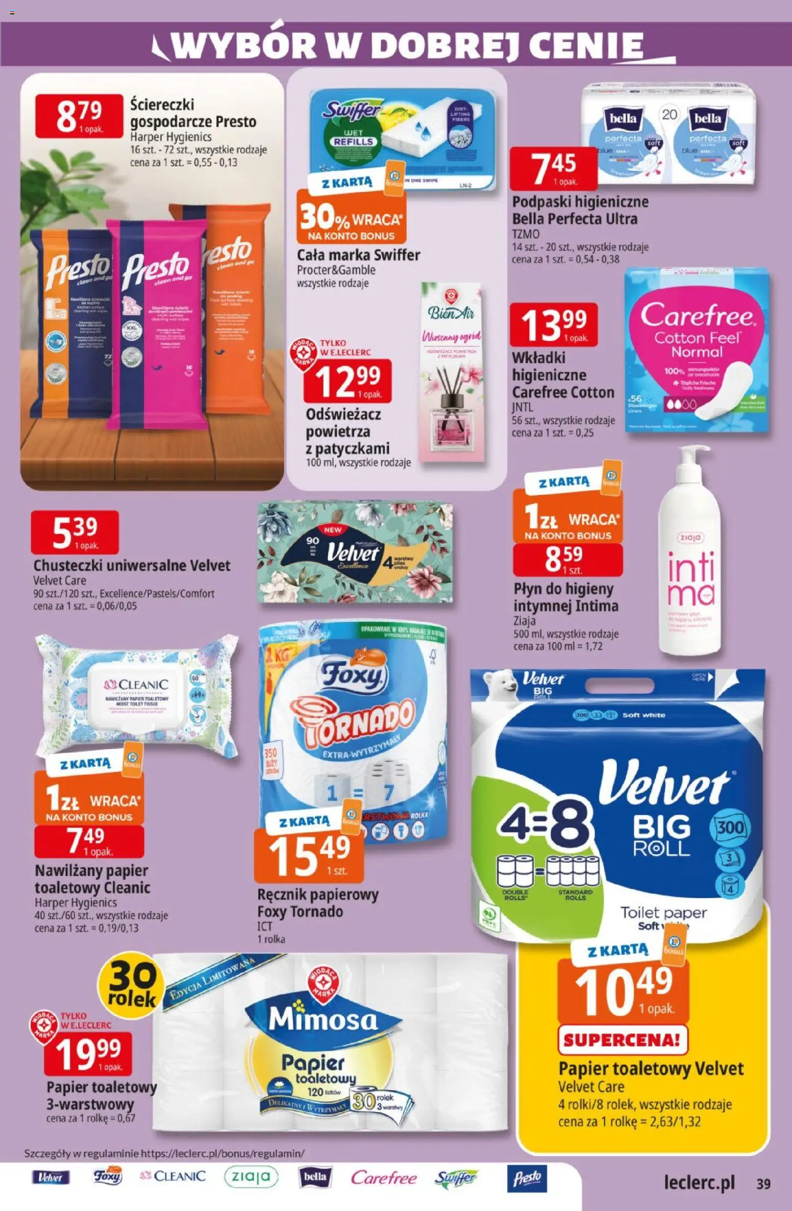 E.Leclerc gazetka od 10.03.2026 | Strona: 39 | Produkty: Odświeżacz, Karta, Podpaski, Ręcznik papierowy
