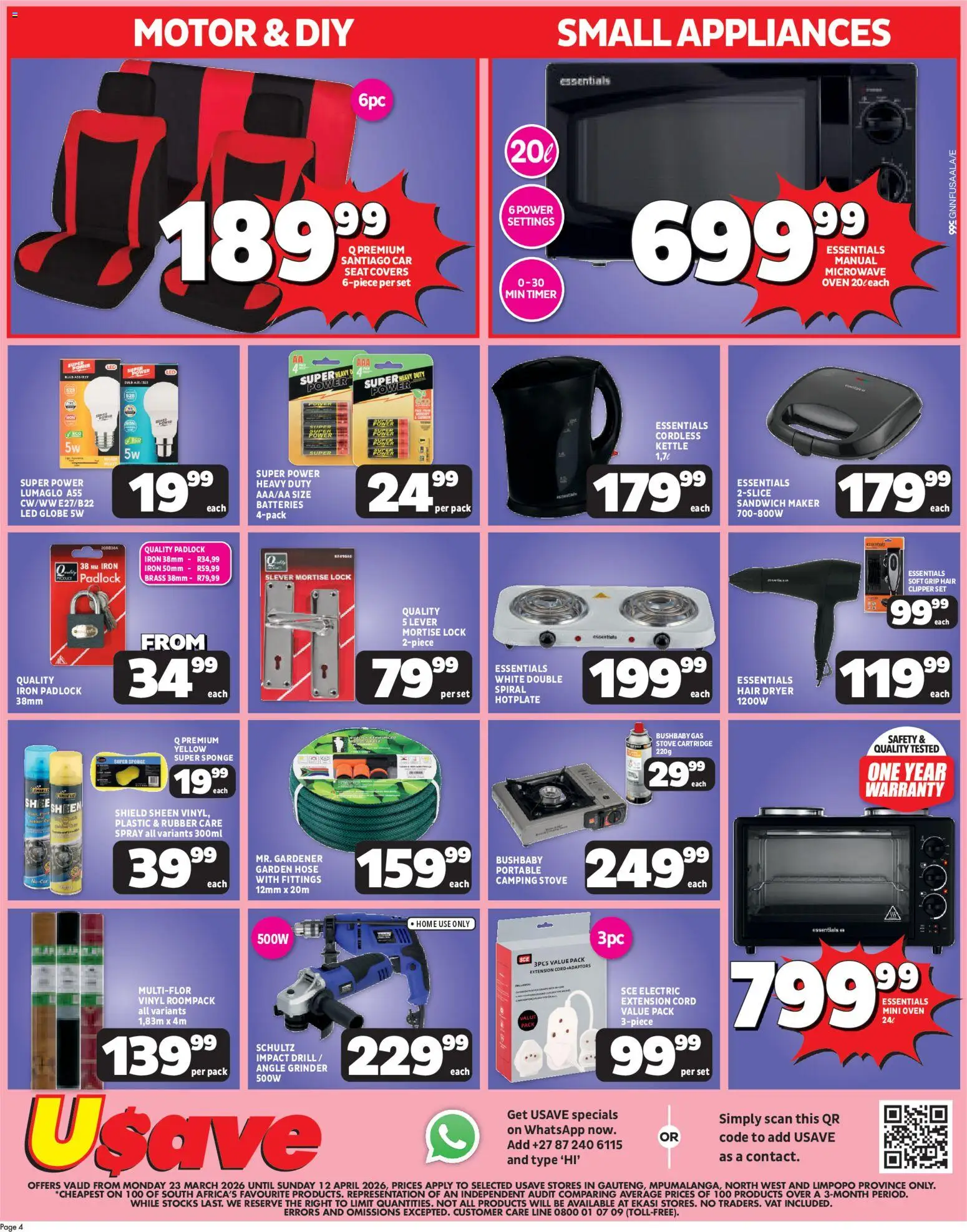 New Usave catalogue – valid from 23.03.2026 | Page: 4 | Products: Iron, Hair dryer, Sandwich maker, Microwave