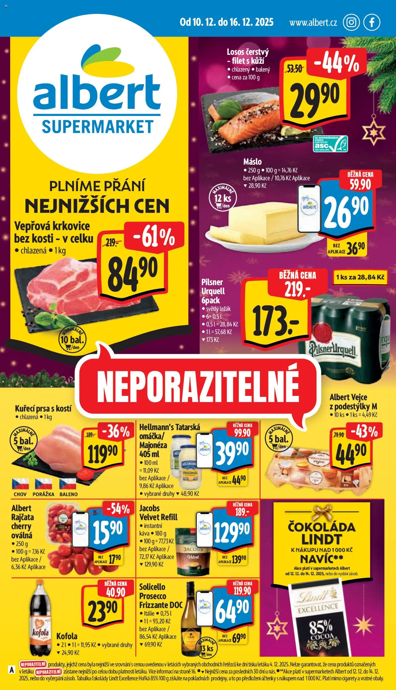 Albert leták - Supermarket od 10.12.2025 | Strana: 1 | Produkty: Prosecco, Rajčata, Hellmann's, Krkovice