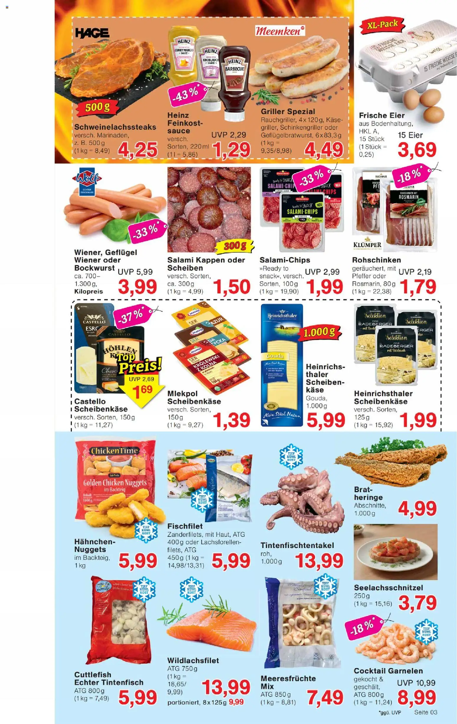 Wiglo Wunderland Prospekt – gültig ab 30.03.2026 | Seite: 3 | Produkte: Bockwurst, Käse, Eier, Meeresfrüchte