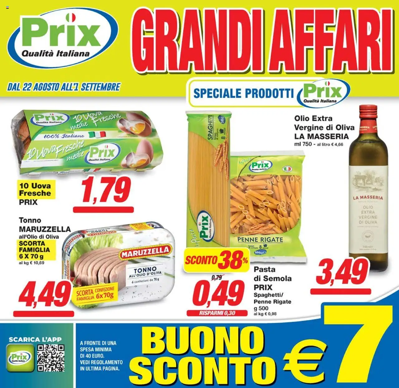 Volantino Prix del 22.08.2025 | Pagina: 1 | Prodotti: Uova, Olio, Pasta, Tonno