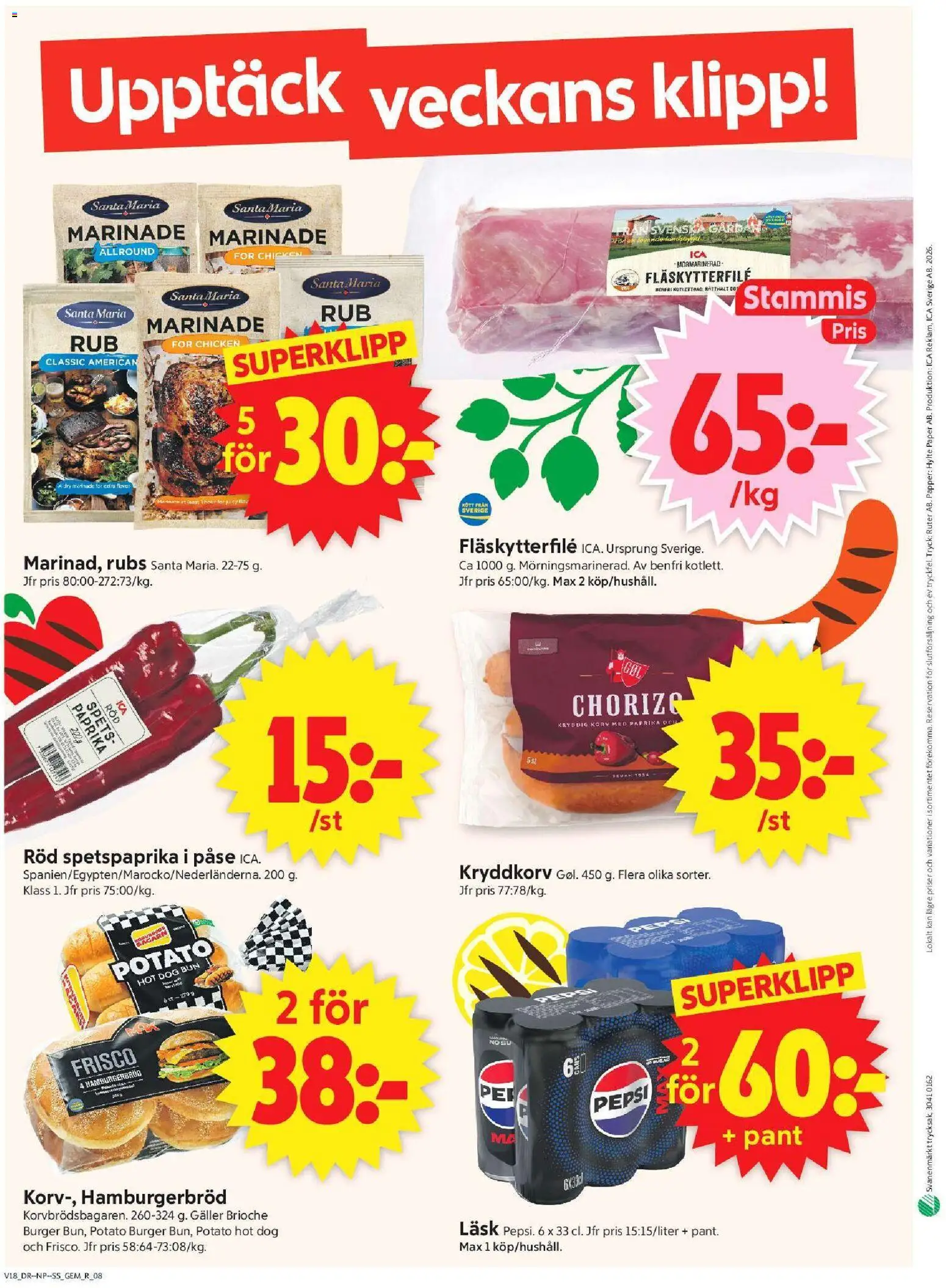 ICA Supermarket reklamblad aktuell från 27.04.2026 | Sida: 10 | Produkter: Pepsi, Hamburgerbröd, Papper, Chorizo