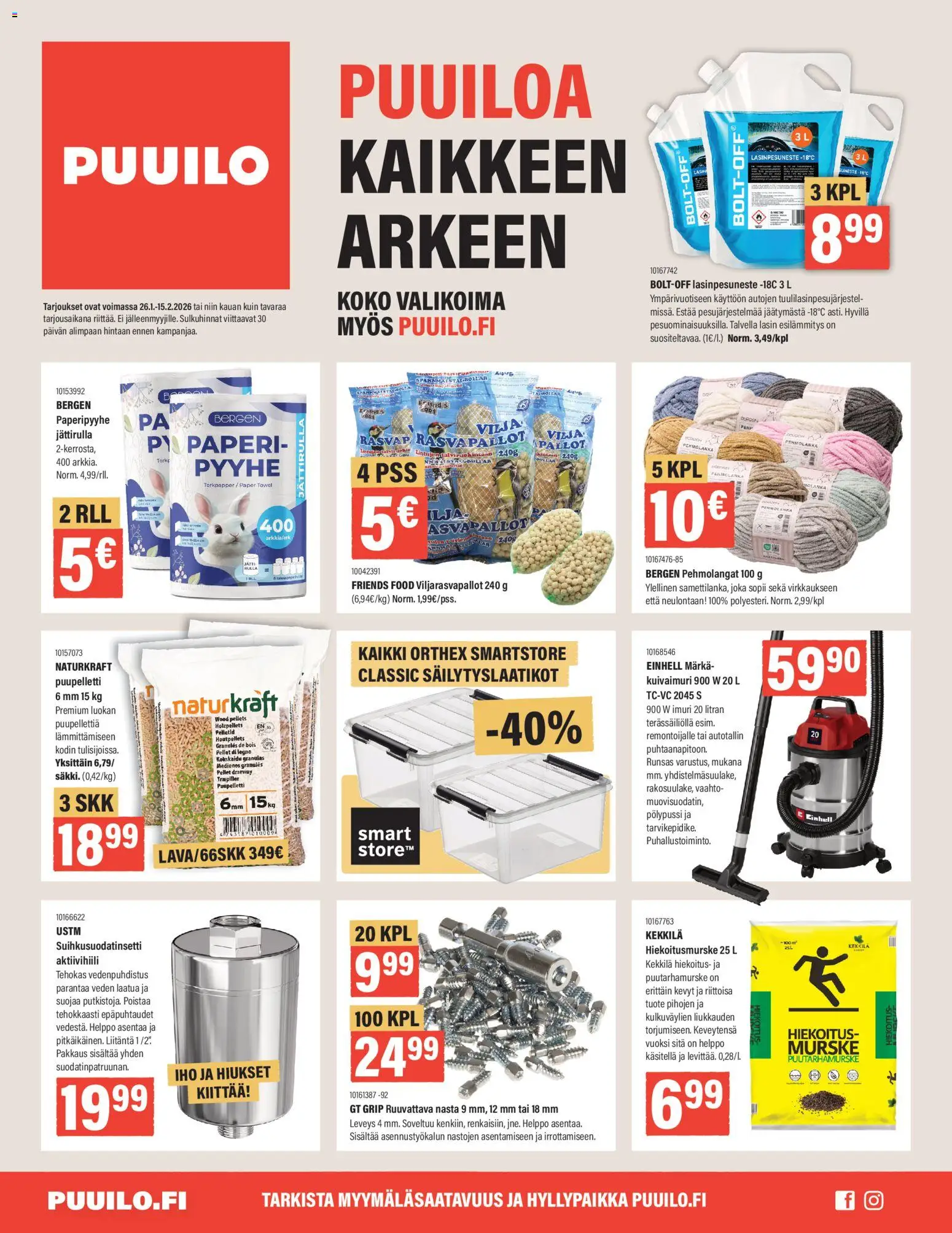 Puuilo tarjoukset – voimassa 26.01.2026 alkaen | Sivu: 1 | Tuotteet: Pyyhe, Säilytyslaatikot, Paperi, Lasinpesuneste