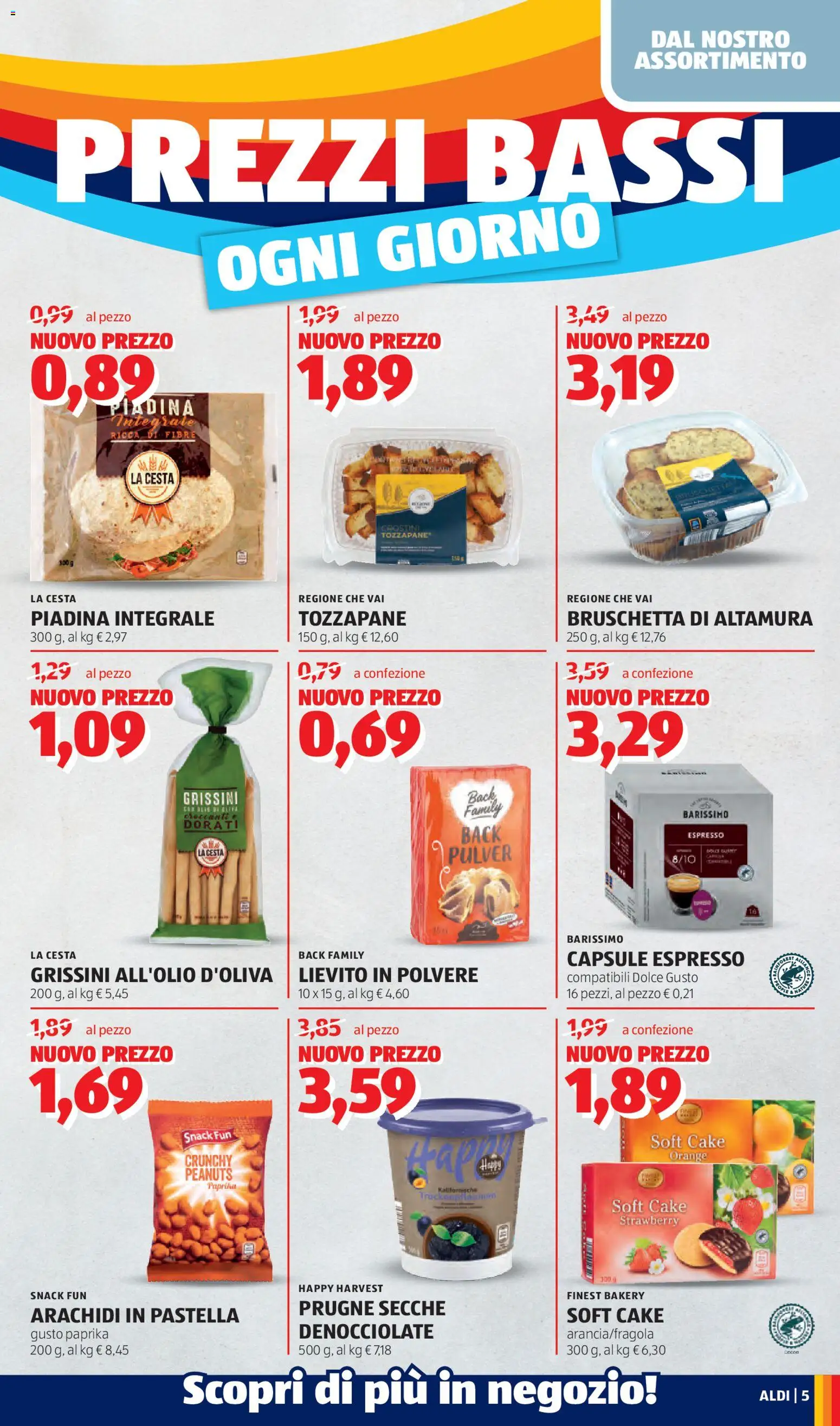Volantino Aldi del 27.04.2026 | Pagina: 5 | Prodotti: Crostini, Piadina, Arachidi, Grissini