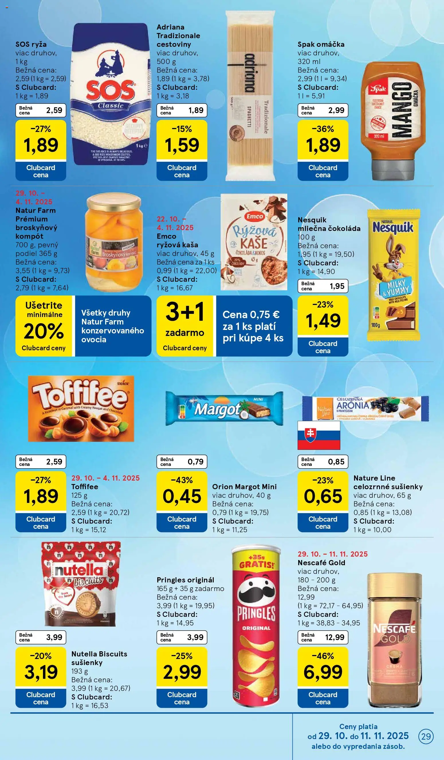 Nové Tesco akcie – leták je platný od 29.10.2025 | Strana: 29 | Produkty: Pringles, Omáčka, Nescafé Gold, Nutella