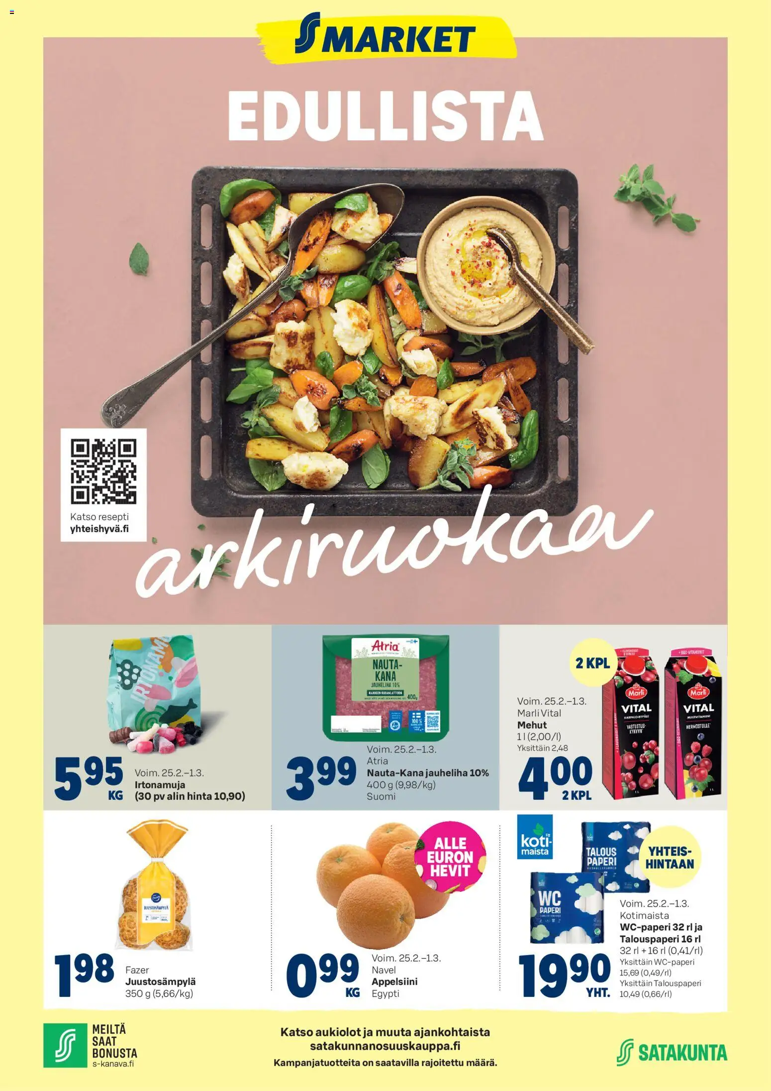 S-market tarjoukset - Edullista Arkiruokаa – voimassa 25.02.2026 alkaen | Sivu: 1 | Tuotteet: Jauheliha, Kana, Wc-paperi, Paperi