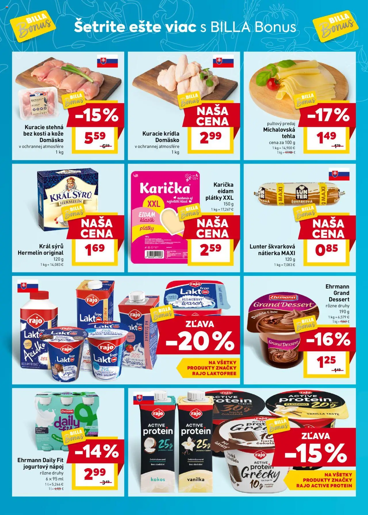 Billa Bonus │ platný od 23.07.2025 | Strana: 2 | Produkty: Jogurt, Eidam, Čokoláda, Kuracie krídla
