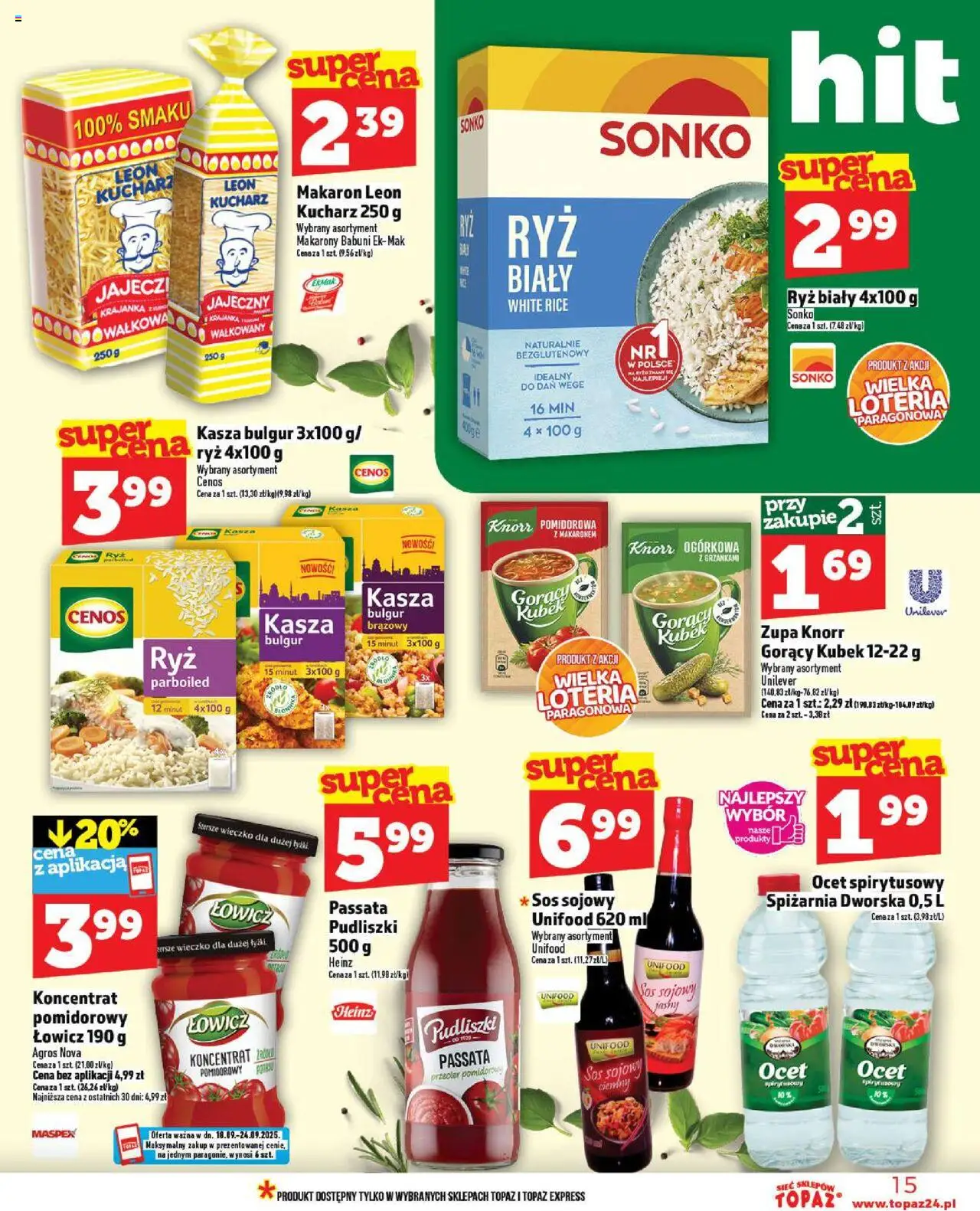 Topaz Gazetka - Ceny małe na stałe od 18.09.2025 | Strona: 15 | Produkty: Gorący kubek, Makarony, Makaron, Sos