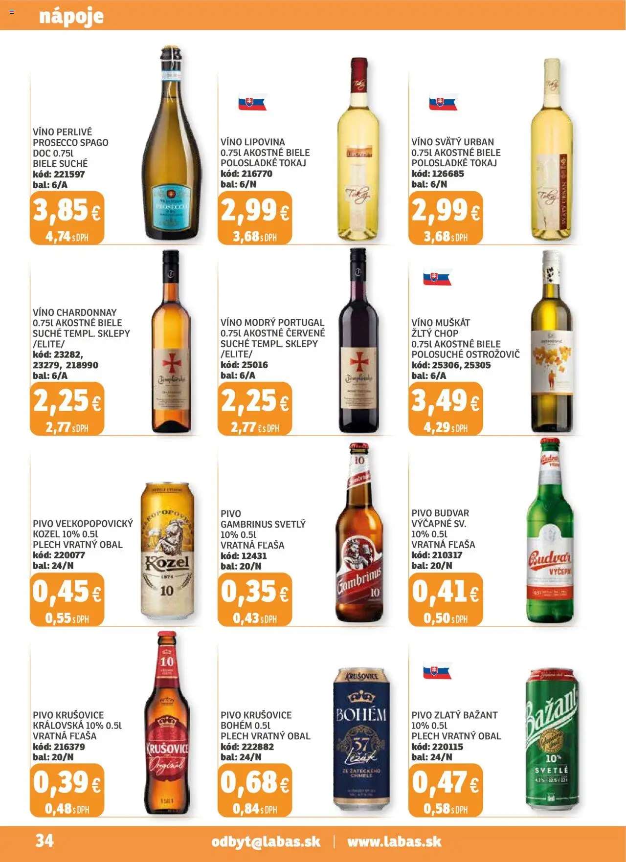 Labaš magazín │ platný od 25.07.2025 | Strana: 34 | Produkty: Víno, Prosecco, Krušovice, Zlatý Bažant