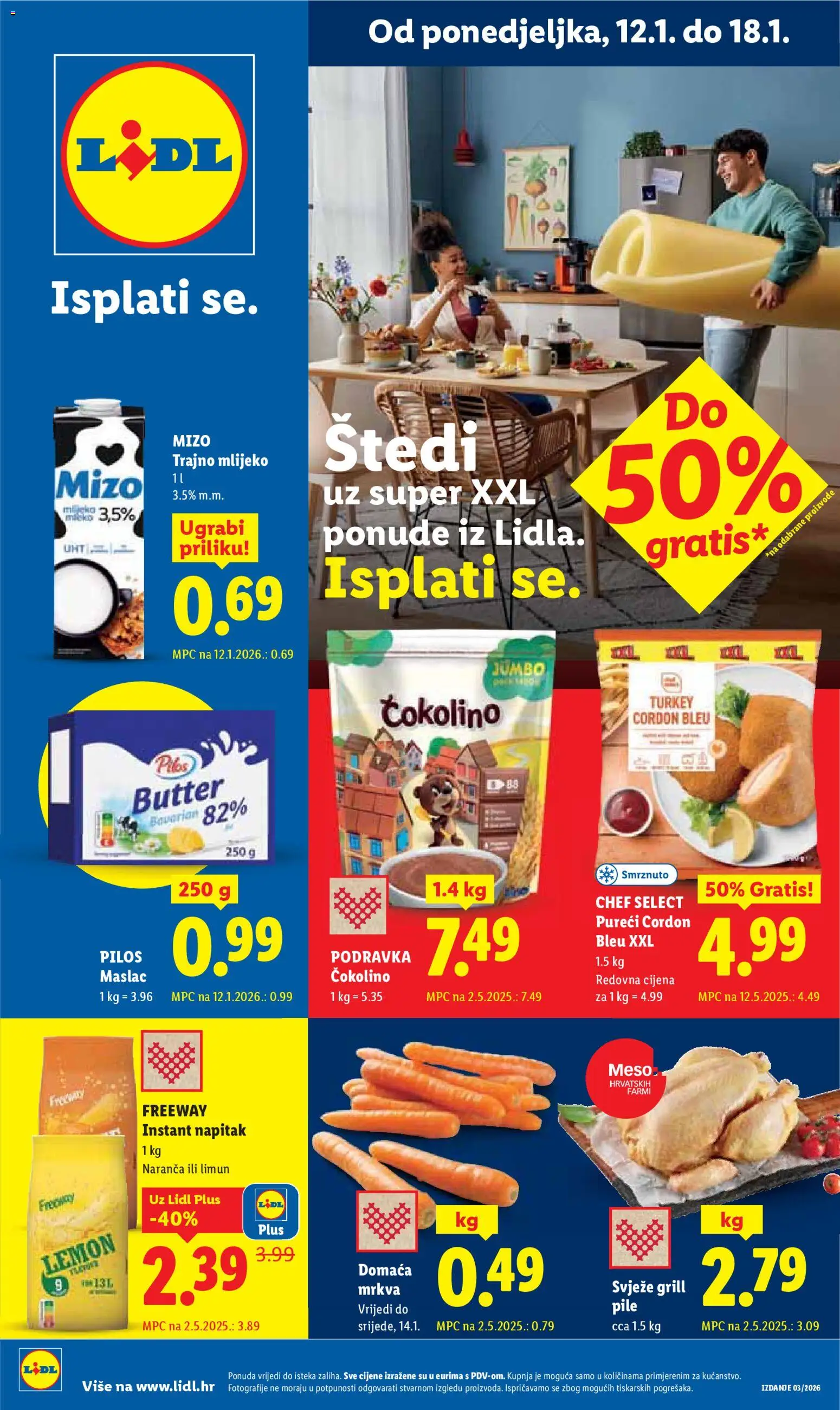 Lidl katalog | vrijedi od 12.01.2026 | Stranica: 1 | Proizvodi: Mlijeko, Maslac, Mrkva, Čokolino