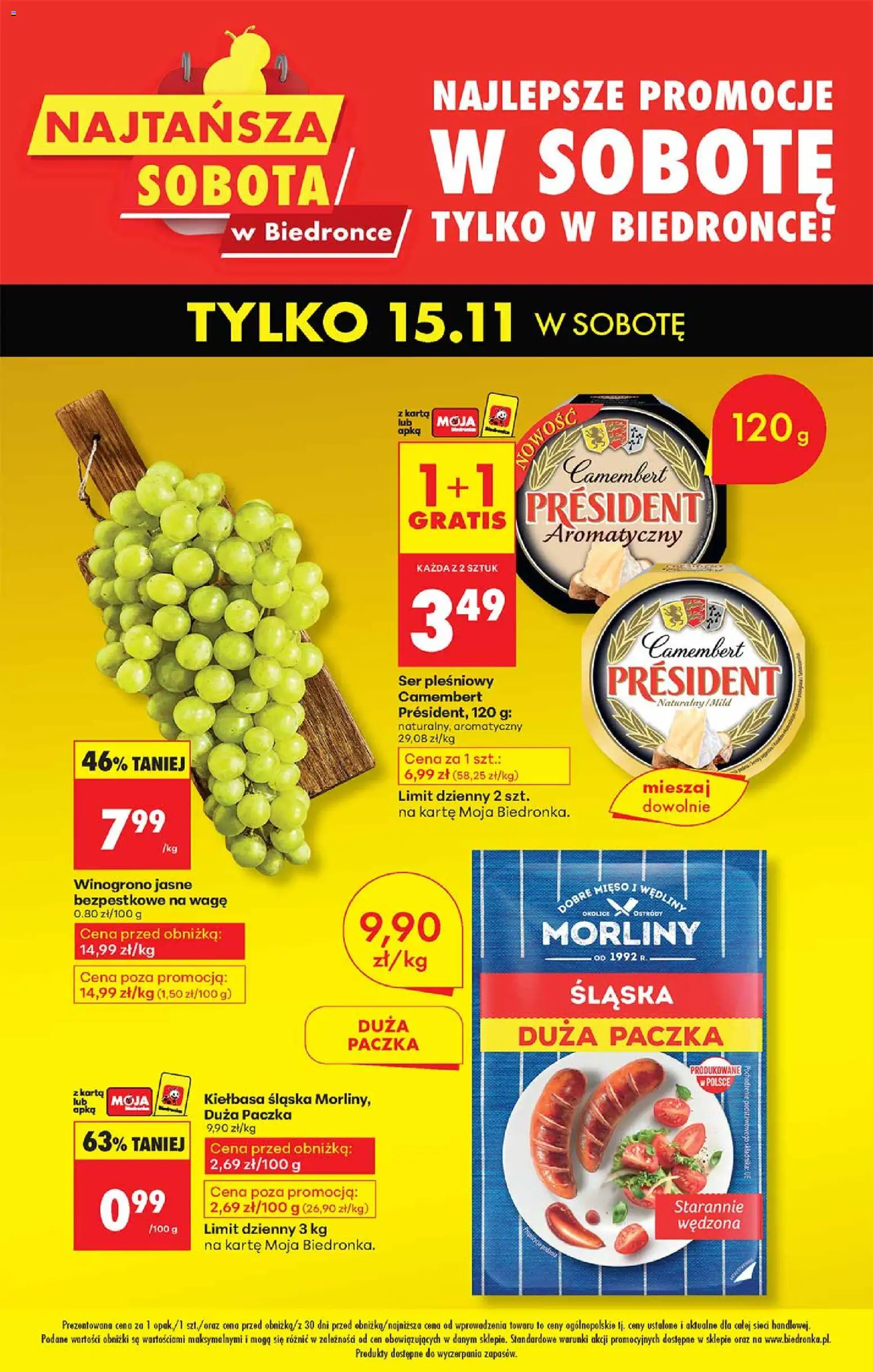 Biedronka gazetka - Najtańsza sobota od 15.11.2025 | Strona: 1 | Produkty: Karta, Winogrono, Camembert, Kiełbasa śląska