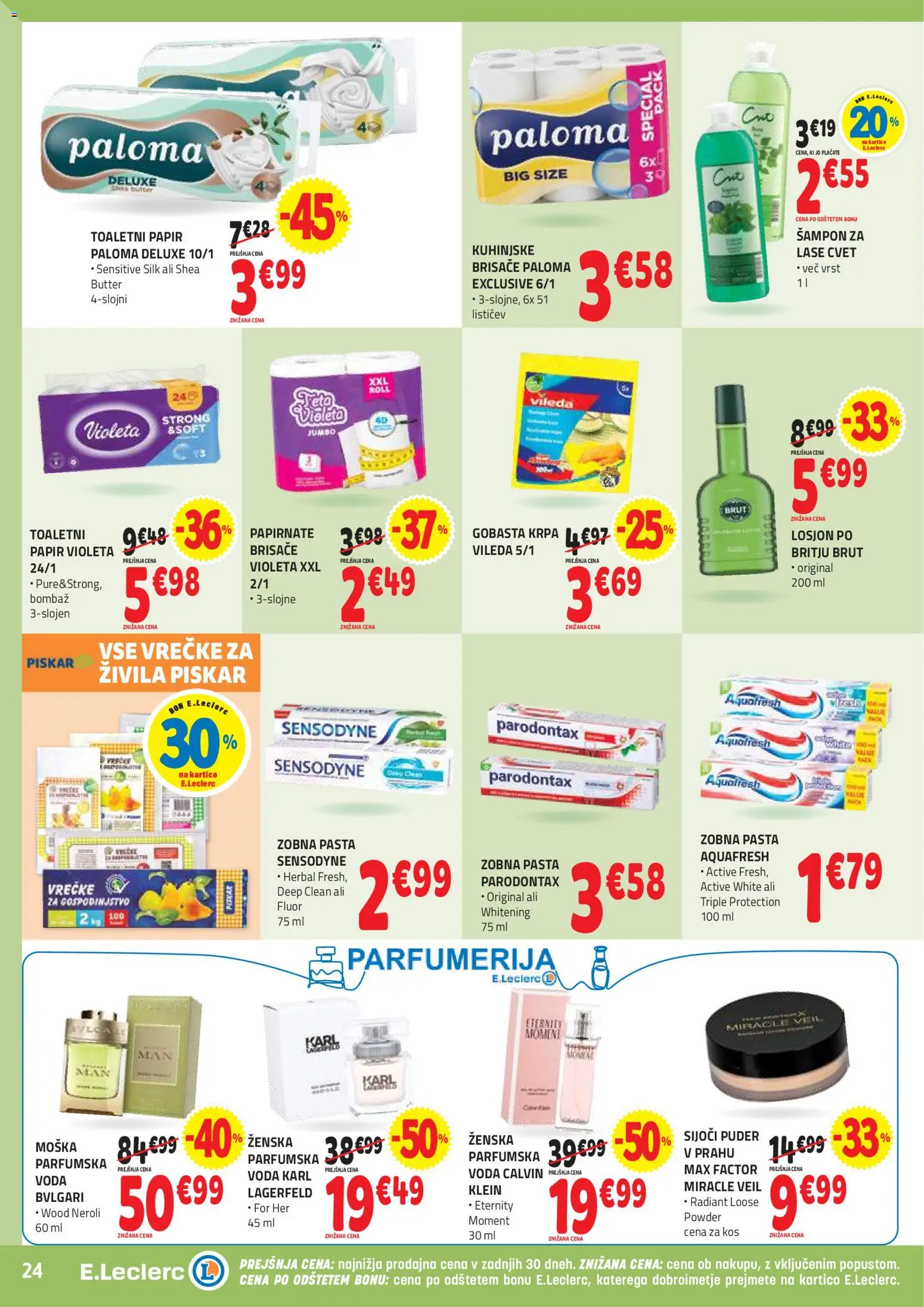 Novi E.leclerc katalog ponudbe – veljaven od 29.10.2025 | Stran: 24 | Izdelki: Toaletni papir, Puder, Zobna pasta, Voda