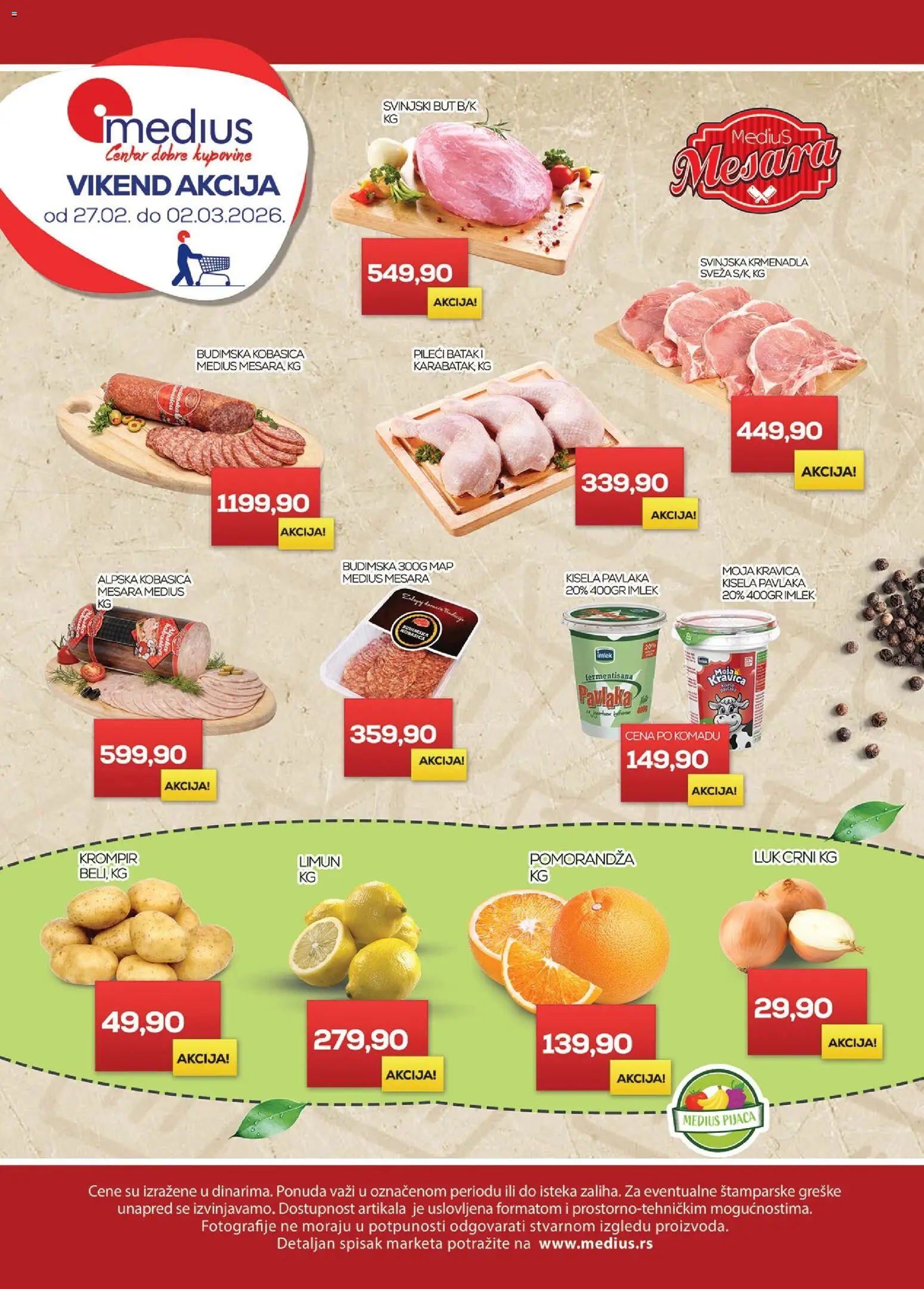 Medius katalog - važi od 27.02.2026 | Strana: 1 | Proizvode: Kisela pavlaka, Svinjski but, Limun, Kobasica