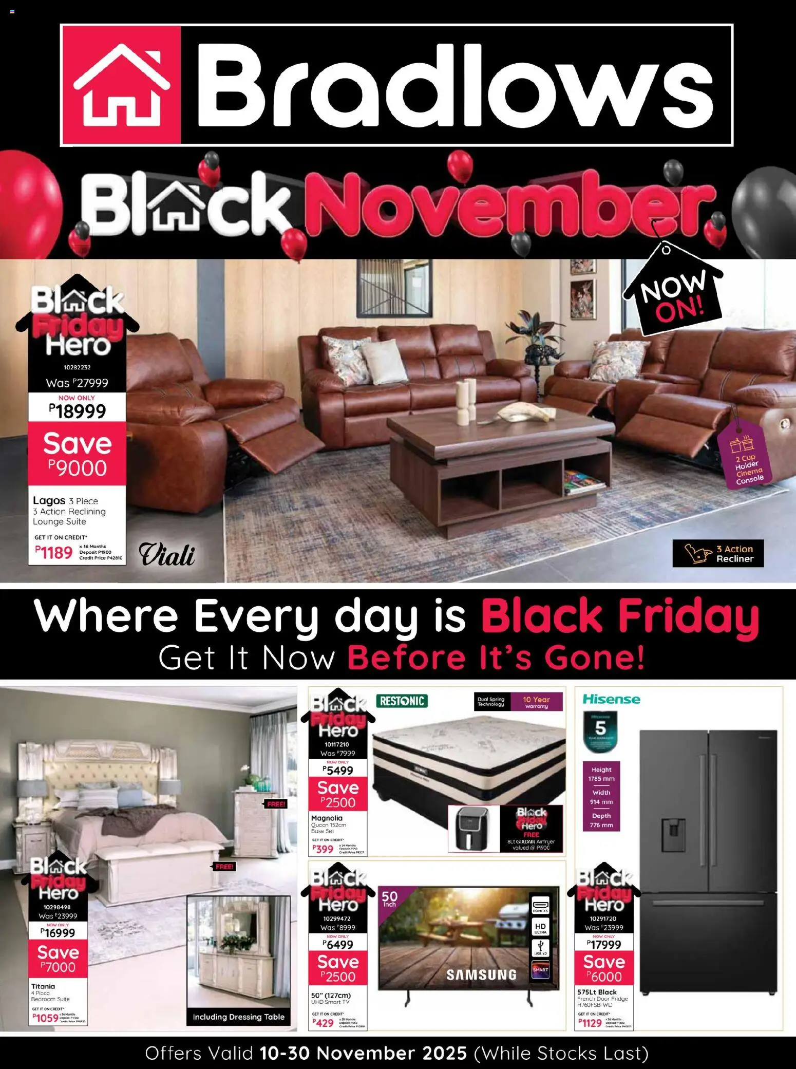 New Bradlows catalogue – valid from 10.11.2025 | Page: 1 | Products: TV, Fridge, Lounge suite, Dressing