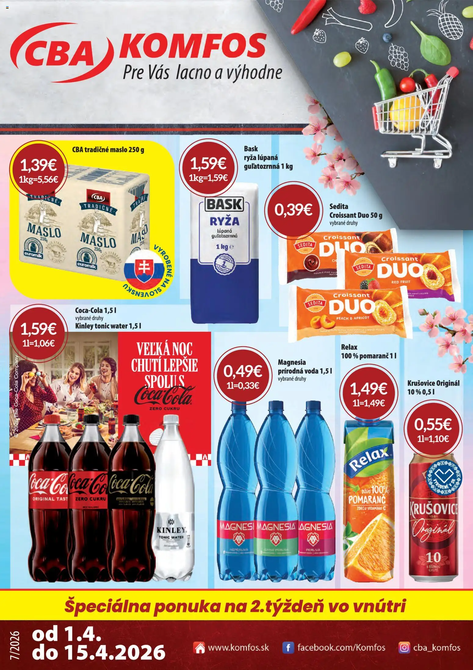Nové CBA Komfos akcie – leták je platný od 01.04.2026 | Strana: 1 | Produkty: Maslo, Ryža, Krušovice, Voda