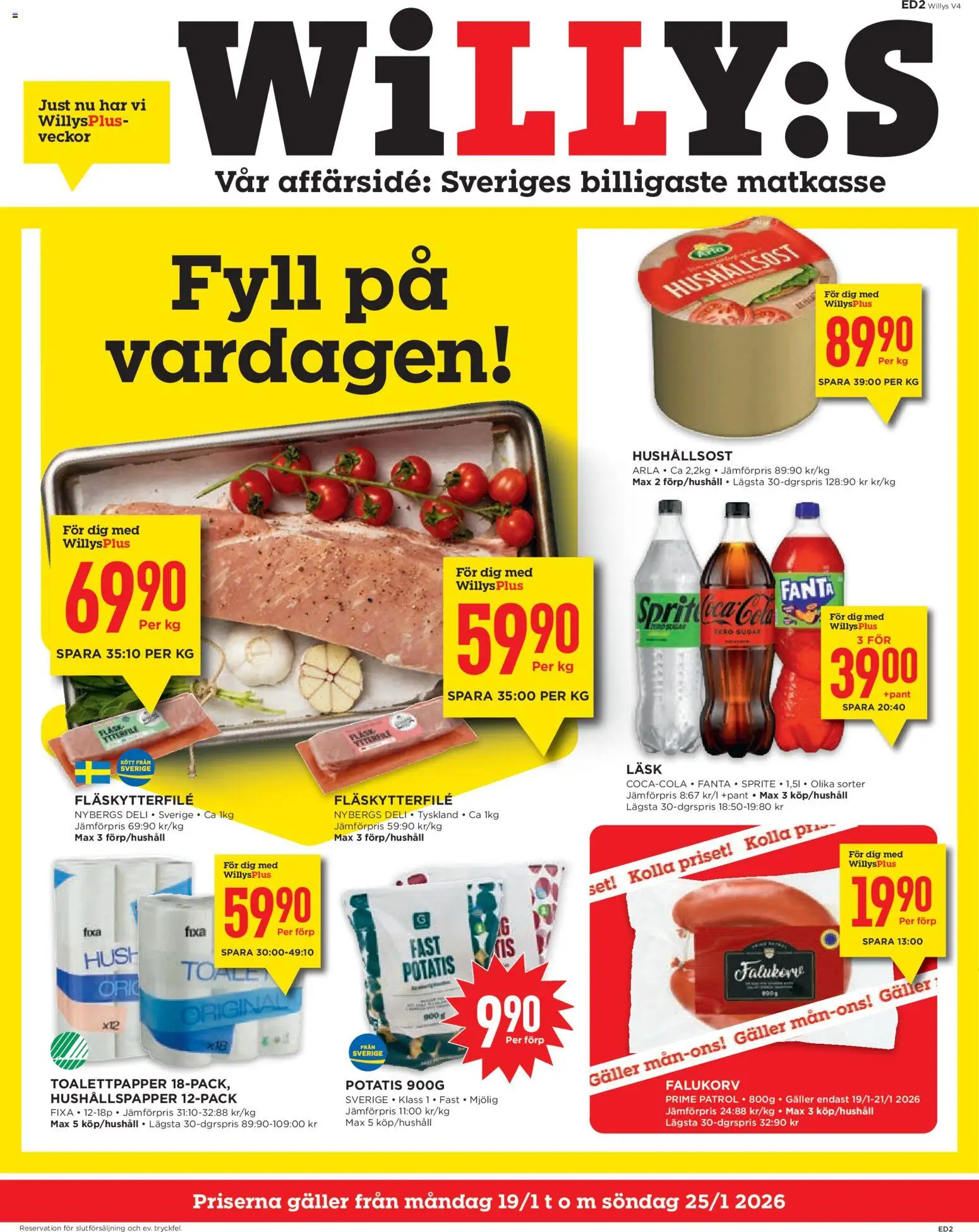 Willys reklamblad aktuell från 19.01.2026 | Sida: 1 | Produkter: Galler, Hushållsost, Set, Potatis