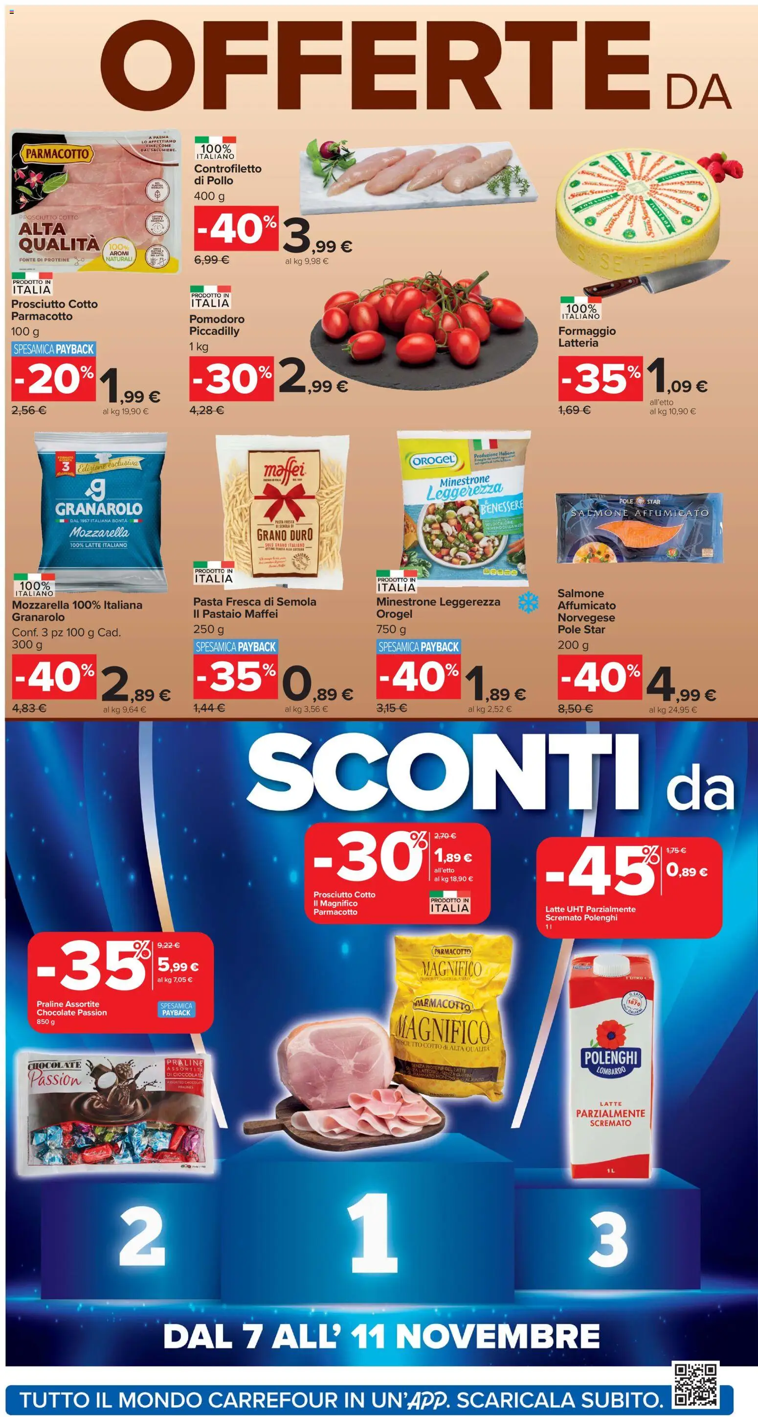 Volantino Carrefour del 04.11.2025 | Pagina: 2 | Prodotti: Pollo, Latte, Formaggio, Pasta