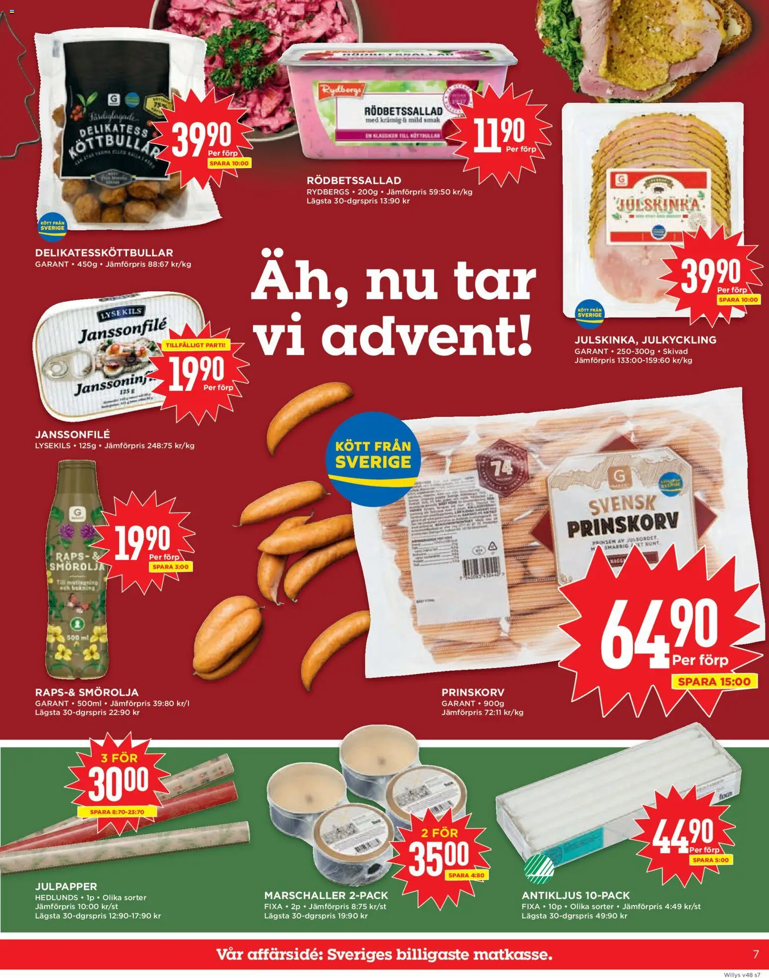 Willys reklamblad aktuell från 24.11.2025 | Sida: 7 | Produkter: Rödbetssallad, Köttbullar, Prinskorv