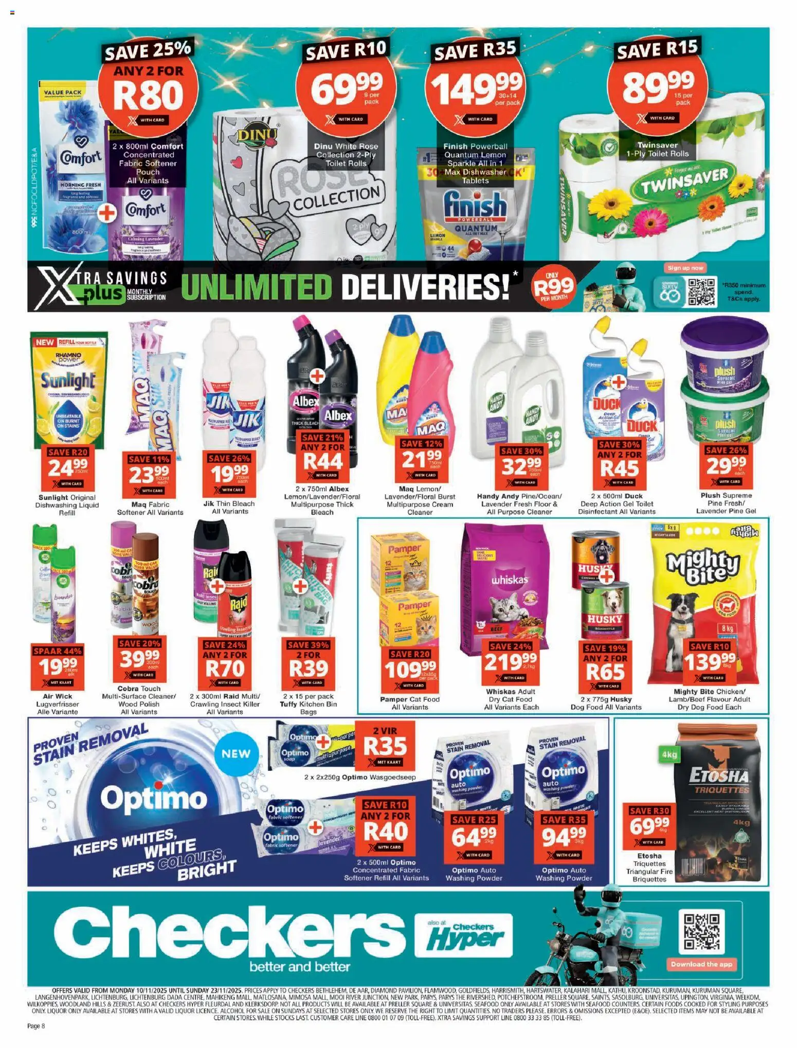 New Checkers catalogue – valid from 10.11.2025 | Page: 8 | Products: Bleach, Washing powder, Fabric softener, Cat food