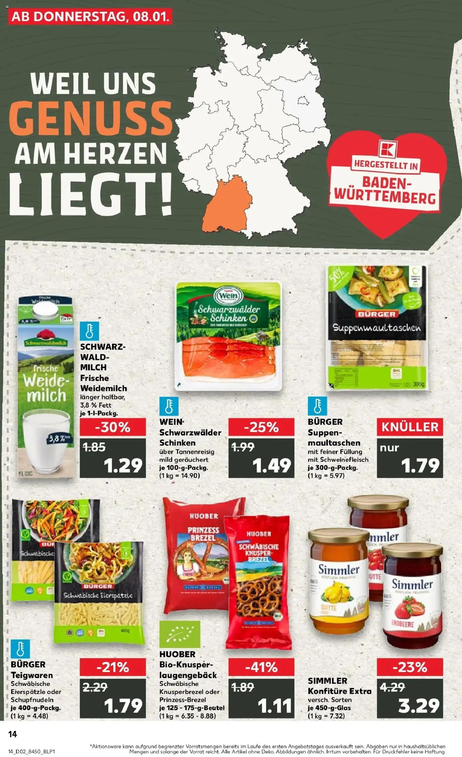 Kaufland prospekt Schwäbisch Gmünd	 – gültig ab 08.01.2026 | Seite: 14 | Produkte: Burger, Pasta, Schinken, Maultaschen