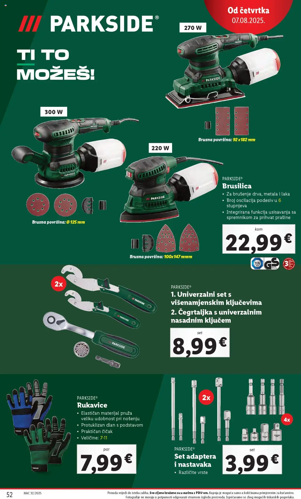 Lidl katalog | vrijedi od 04.08.2025 | Stranica: 52 | Proizvodi: Brusilica, Rukavice, Adapter, Parkside