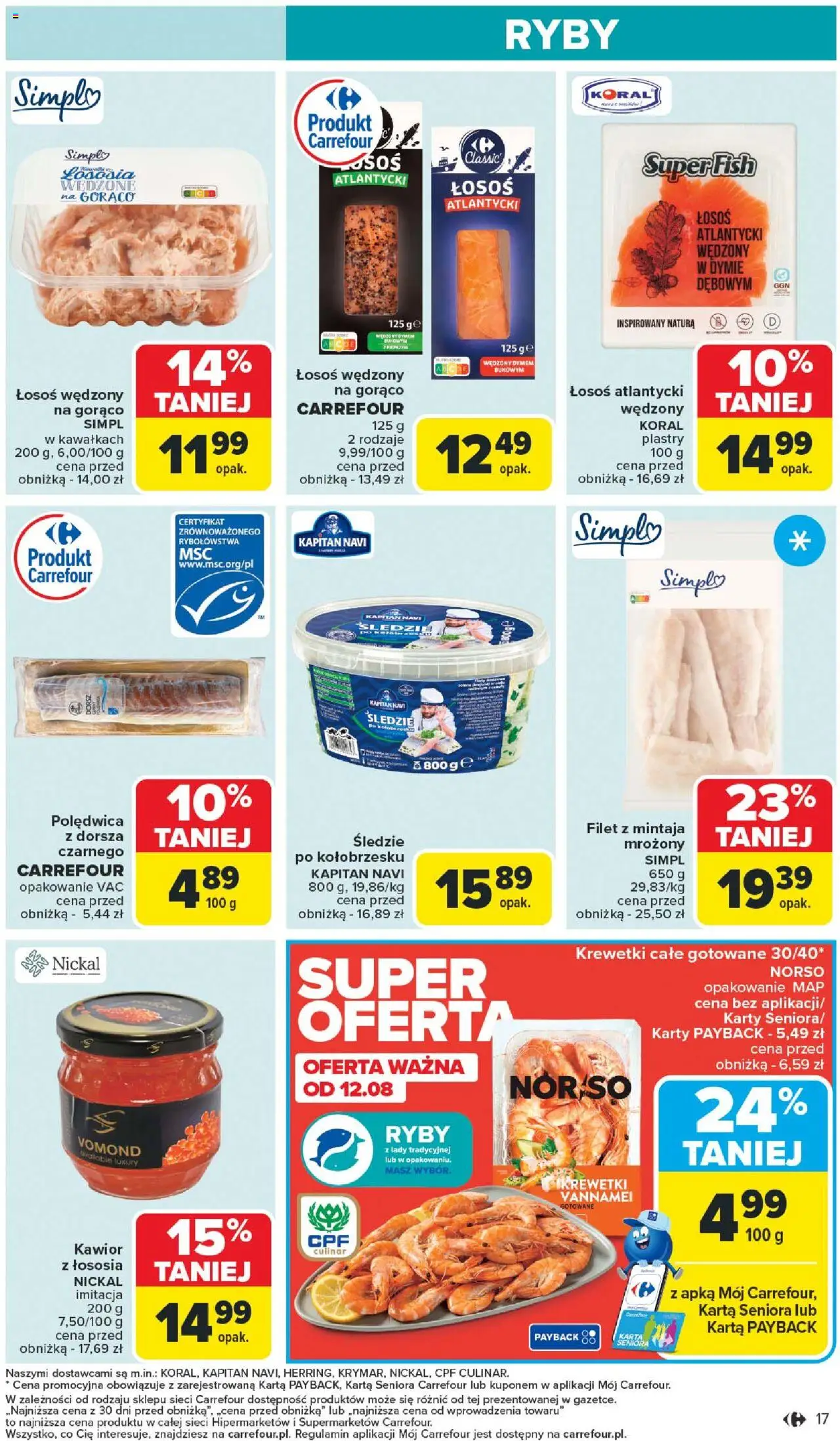 Carrefour Gazetka od 11.08.2025 | Strona: 19 | Produkty: Krewetki, Łosoś, Polędwica z dorsza, Kawior
