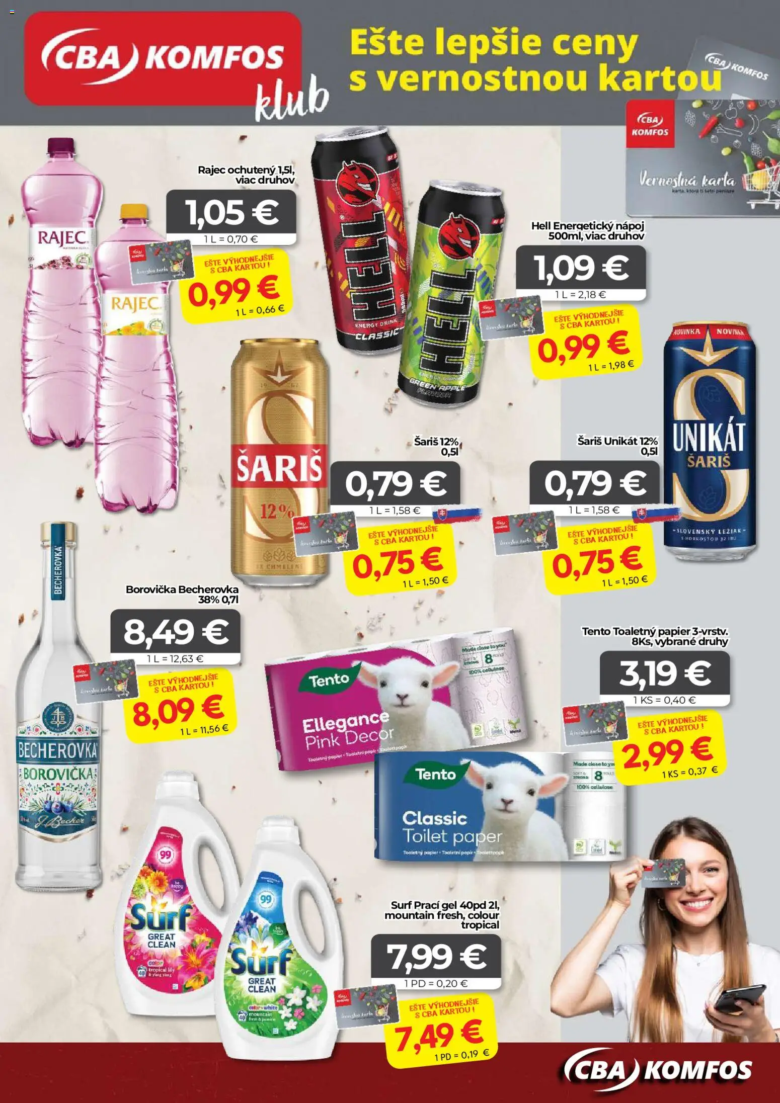 Nové CBA Komfos akcie – leták je platný od 24.04.2026 | Strana: 15 | Produkty: Becherovka, Borovička, Toaletný papier, Šariš