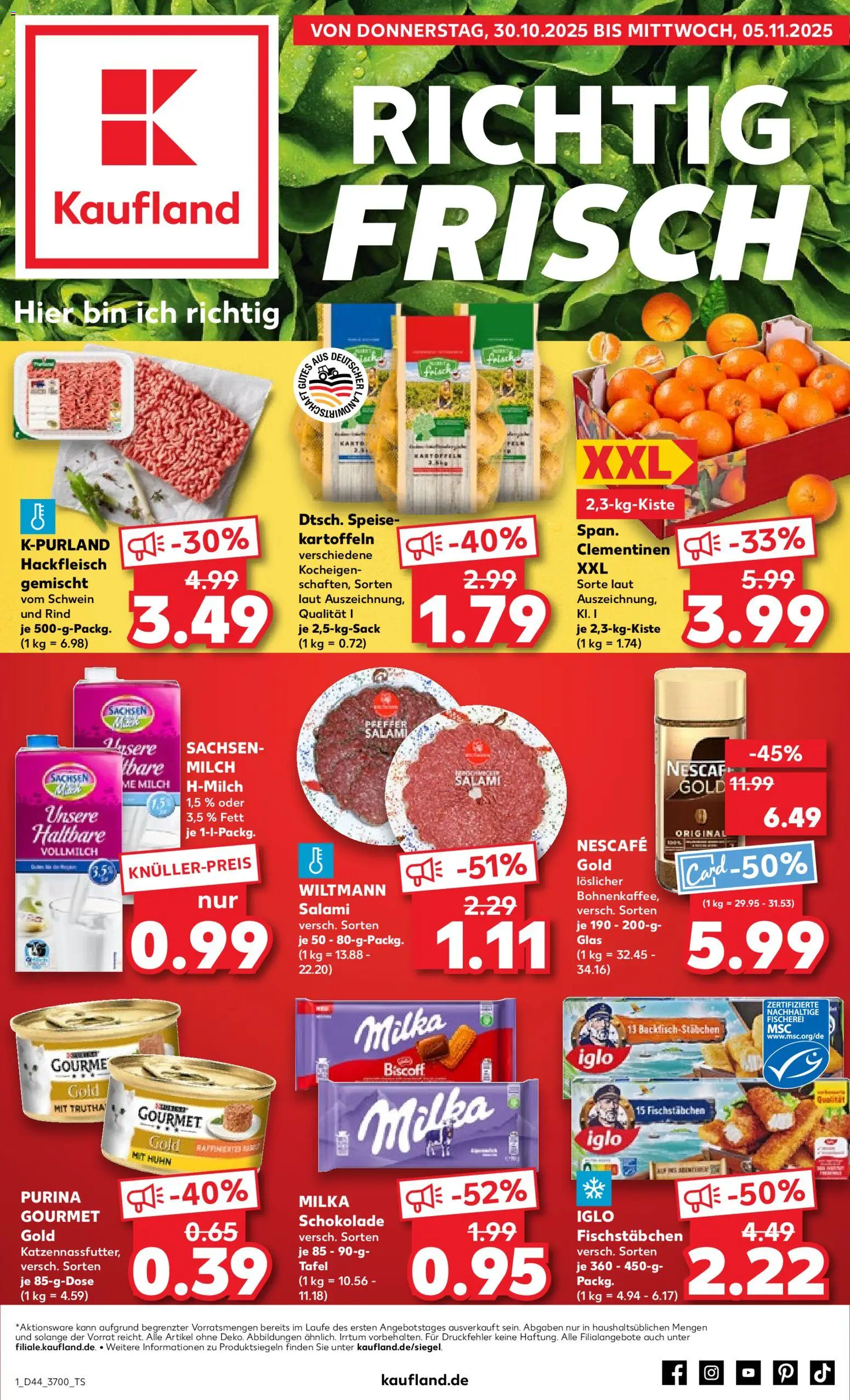 Kaufland prospekt Rostock	 – gültig ab 30.10.2025 | Seite: 1 | Produkte: Milka, Kartoffeln, Fischstabchen, Purina gourmet gold