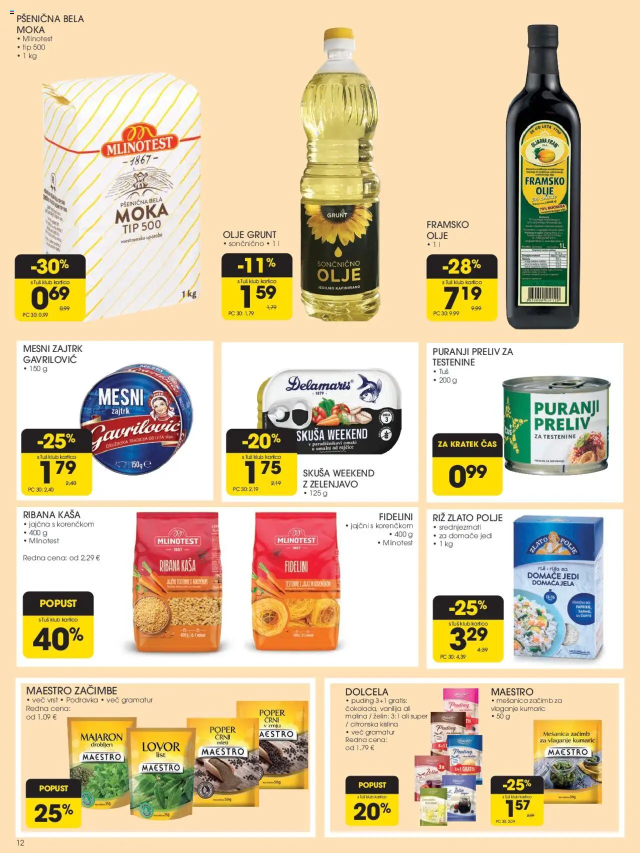 Tuš katalog │ velja od 20.08.2025 | Stran: 12 | Izdelki: Puding, Olje, Testenine, Zacimbe