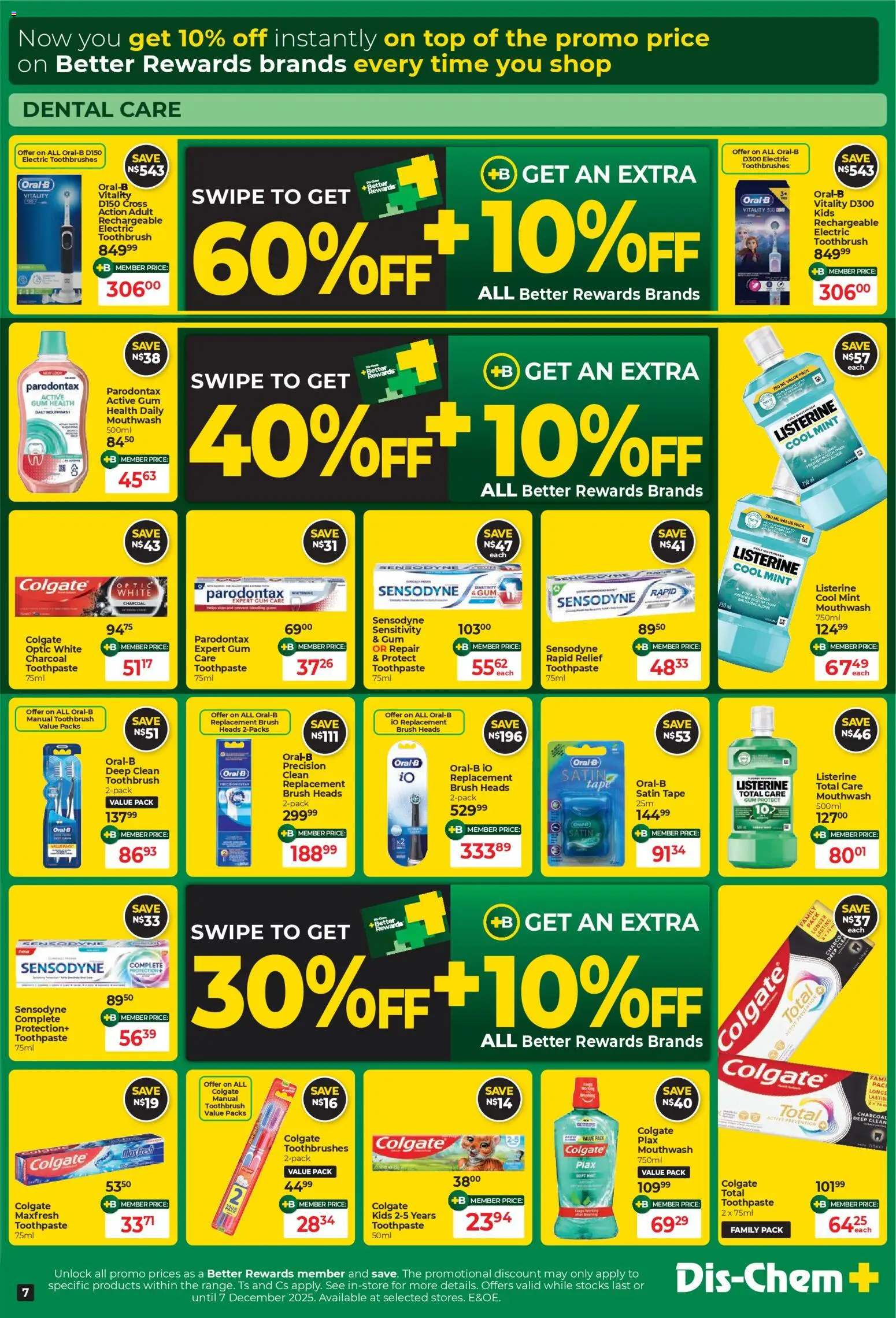 New Dis-Chem catalogue – valid from 24.11.2025 | Page: 7 | Products: Toothpaste, Tooth brush, Tape, Toothbrush