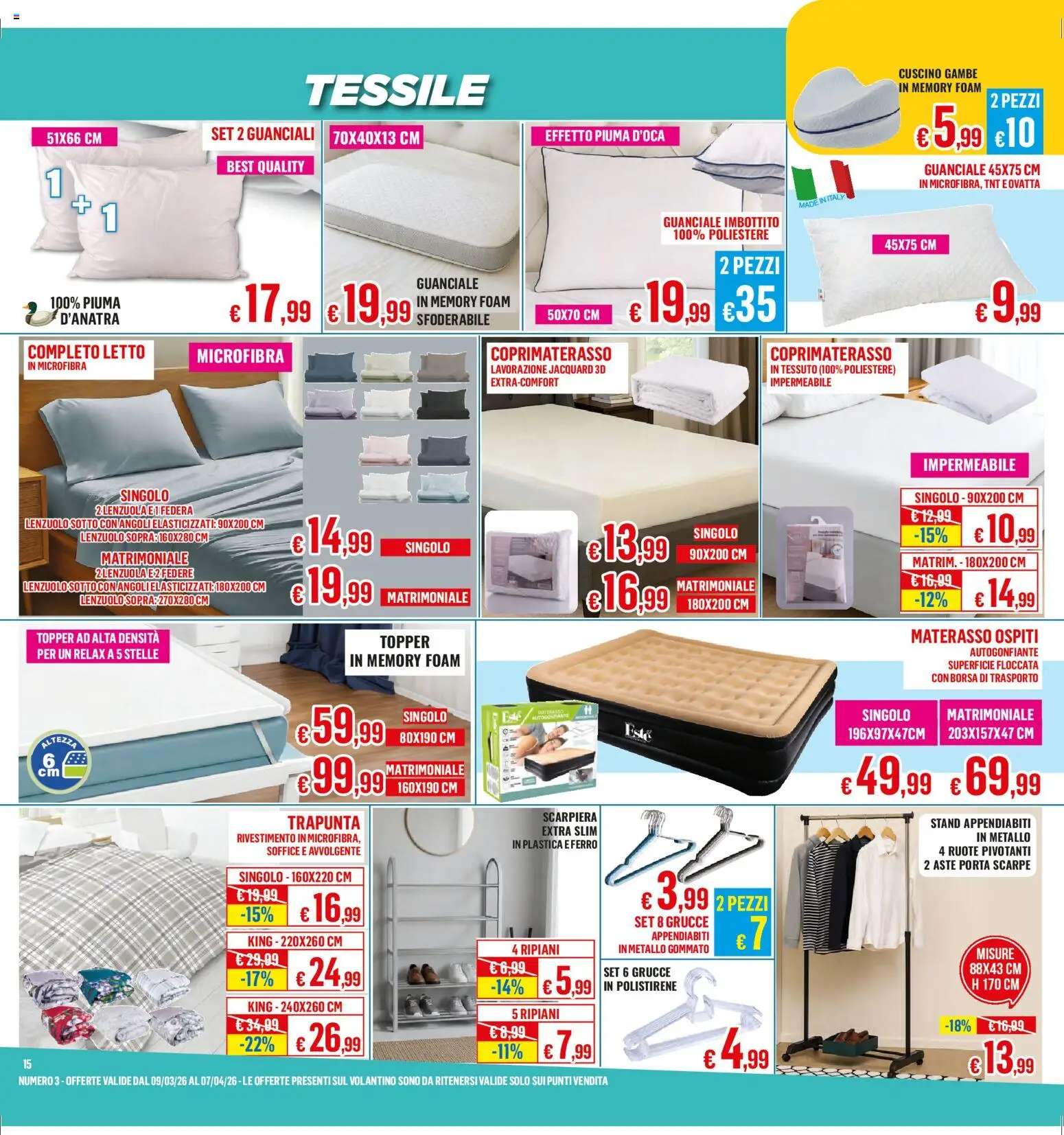 Volantino Satur del 09.03.2026 | Pagina: 15 | Prodotti: Lenzuola, Appendiabiti, Coprimaterasso, Grucce