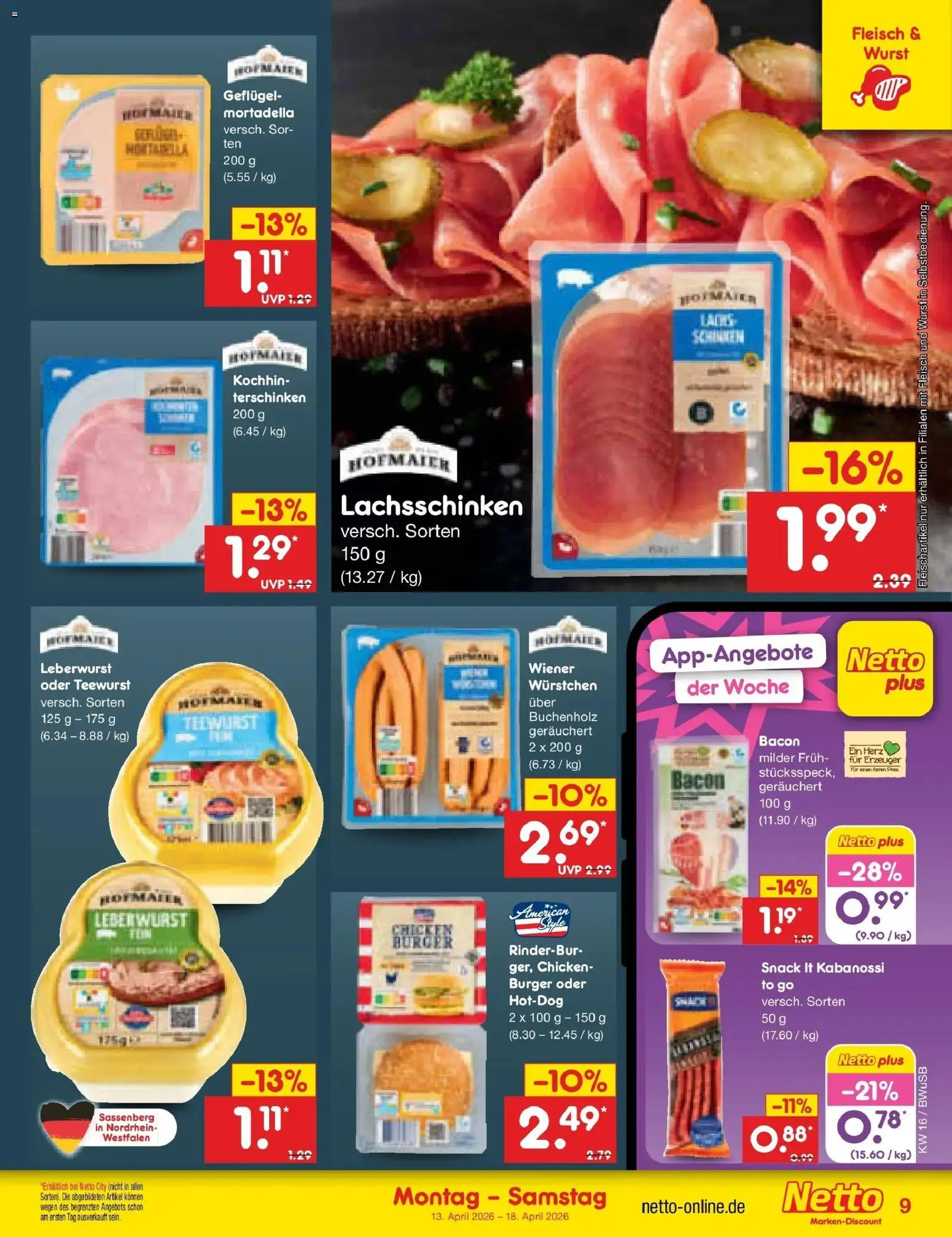 Netto Marken-Discount Prospekt Stemwede-Dielingen	 – gültig ab 13.04.2026 | Seite: 11 | Produkte: Burger, Lachs, Wurst, Fleisch