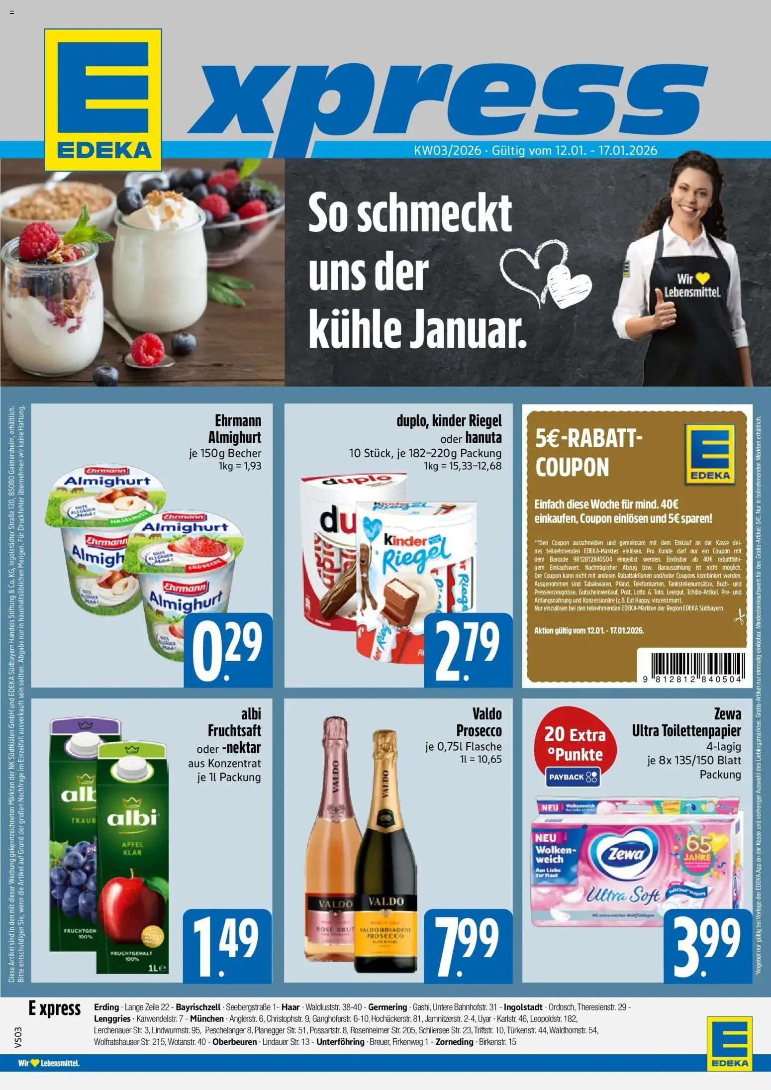 Edeka prospekt München	 – gültig ab 11.01.2026 | Seite: 1 | Produkte: Ehrmann almighurt, Äpfel, Prosecco, Fruchtsaft