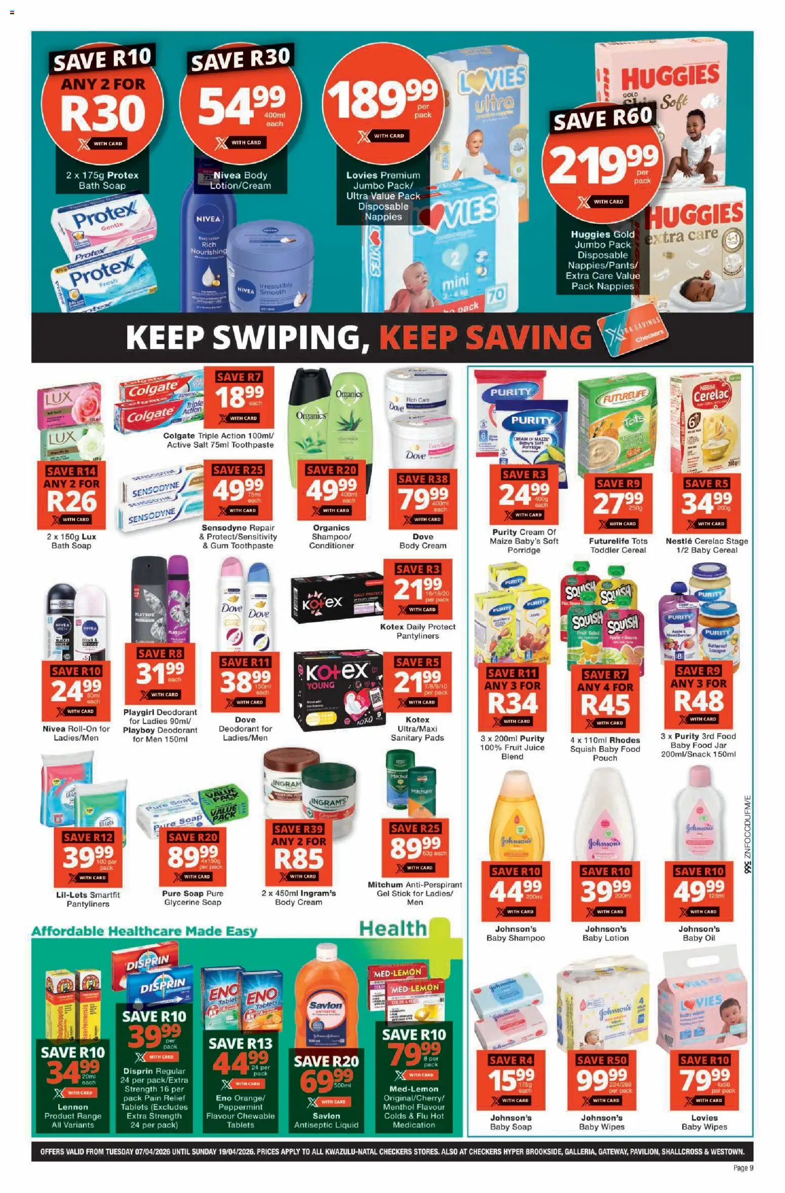 New Checkers catalogue – valid from 07.04.2026 | Page: 9 | Products: Cream, Toothpaste, Nappies, Lotion