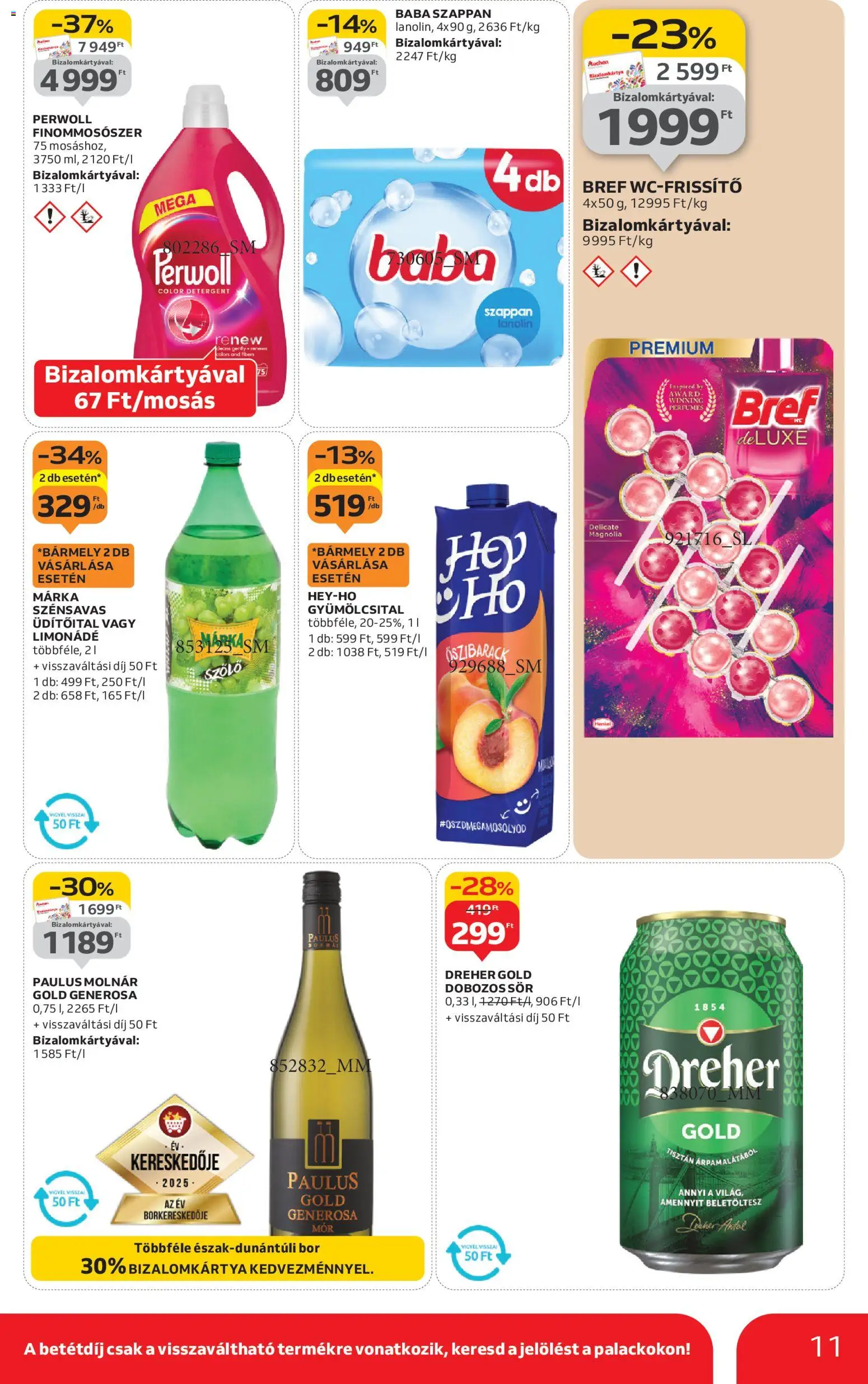 Auchan akciós ujság - amely érvényes a következő dátumtól: 15.01.2026 | Oldal: 11 | Termékek: Limonádé, Dobozos sör, Sör, Szappan