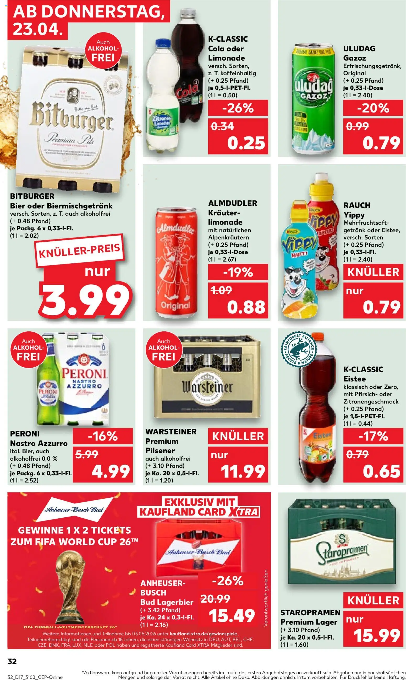 Kaufland Prospekt – gültig ab 23.04.2026 | Seite: 32 | Produkte: Cola, Limonade, Warsteiner, Pfirsich
