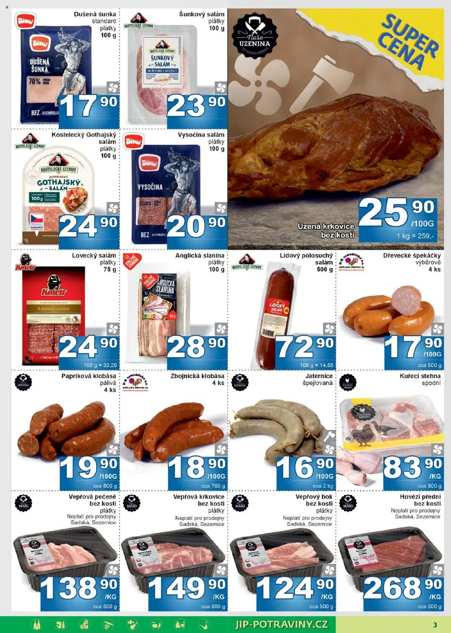 Jip leták od 14.01.2026 | Strana: 3 | Produkty: Klobása, Uzeniny, Maso, Lovecký salám