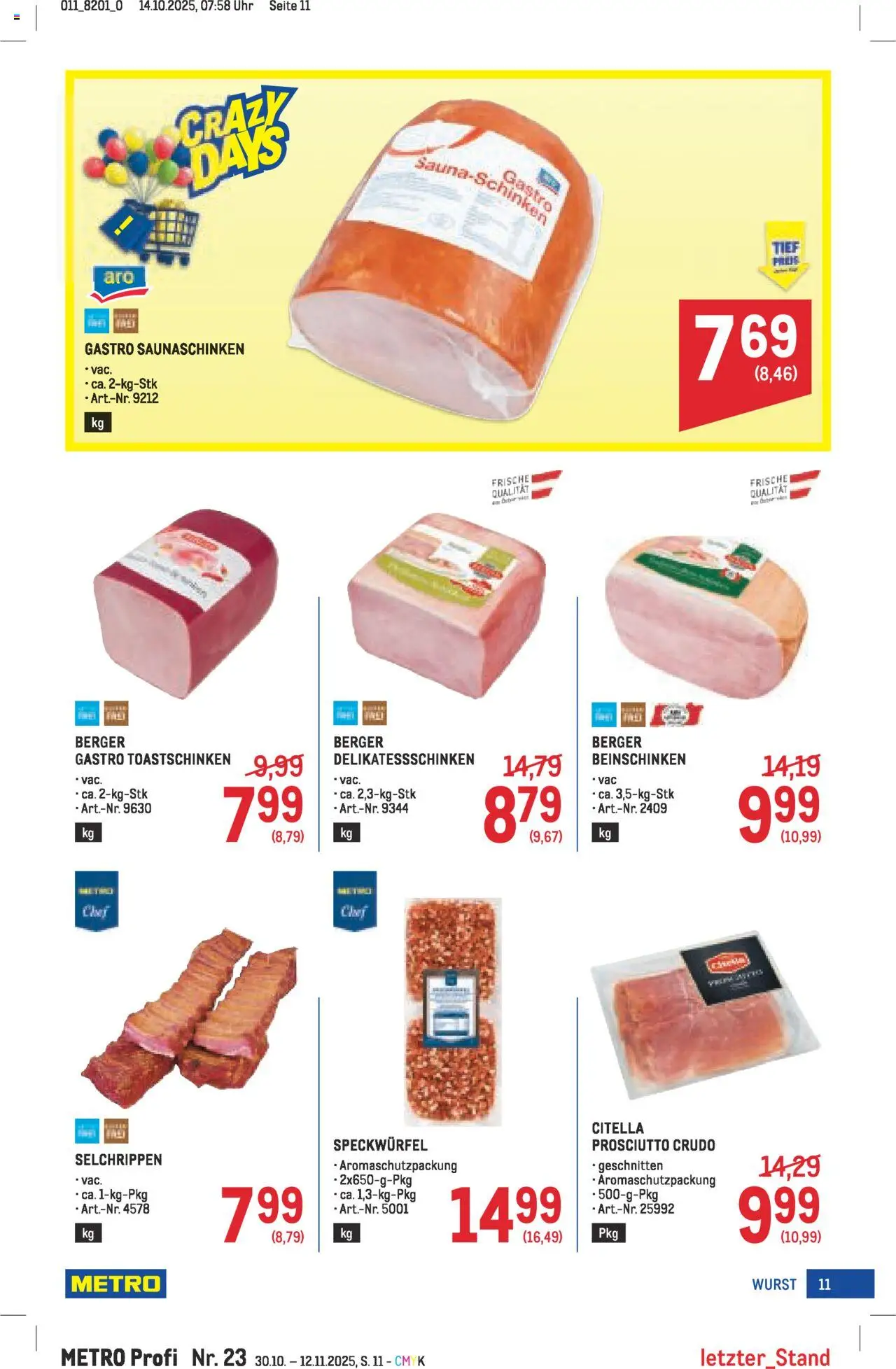 Metro angebote Profi gültig ab 30.10.2025 | Seite: 11 | Produkte: Wurst, Uhr