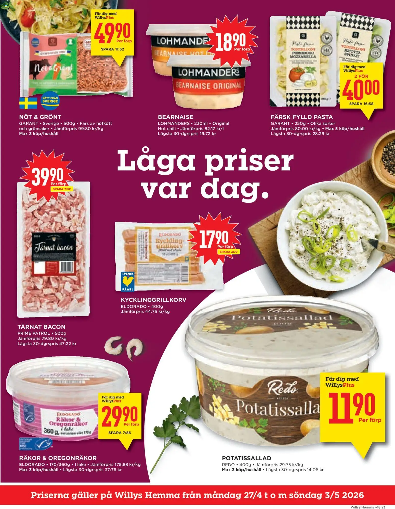 Willys reklamblad aktuell från 27.04.2026 | Sida: 3 | Produkter: Galler, Räkor, Chili, Nötkött