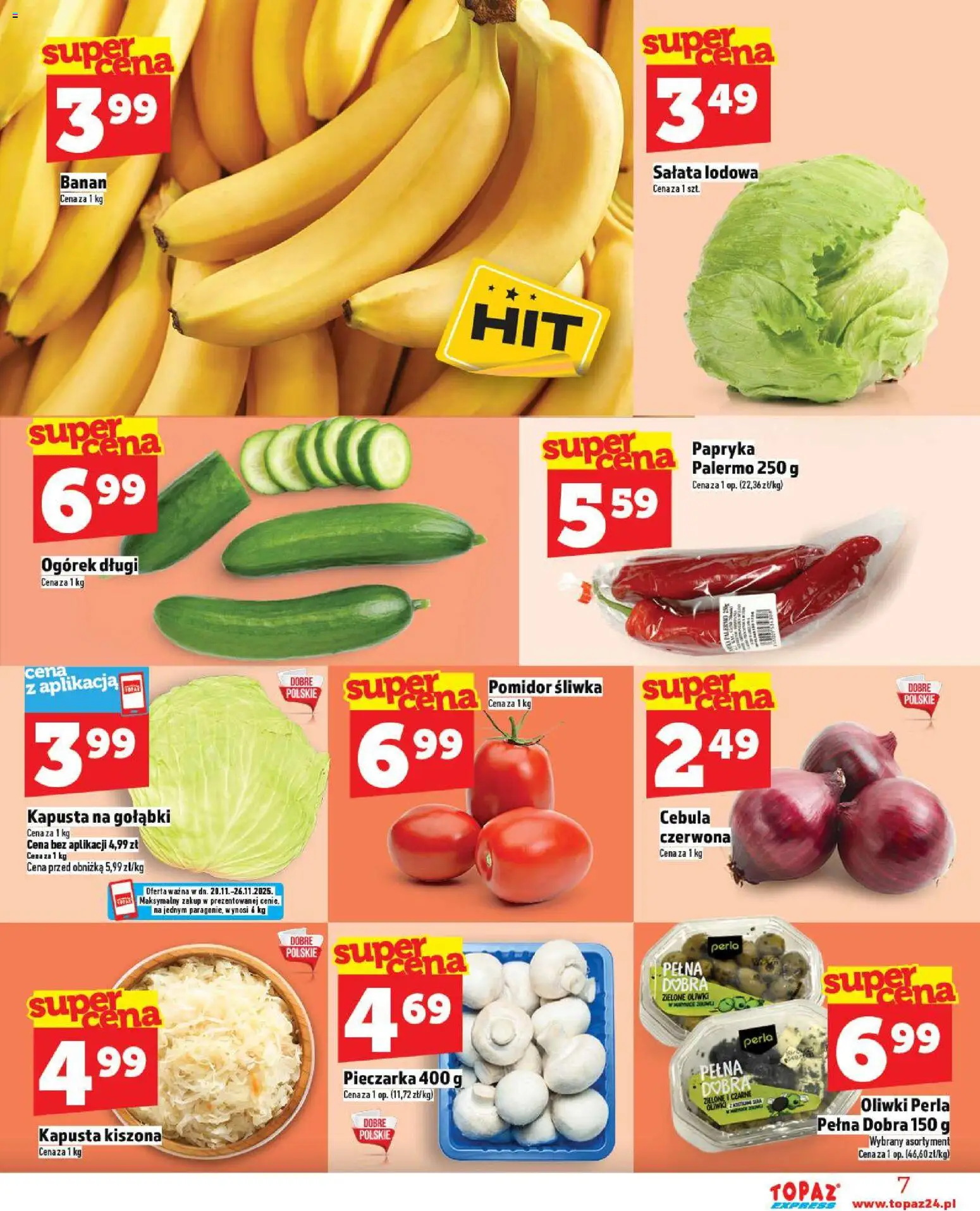 Topaz Gazetka - Express od 20.11.2025 | Strona: 7 | Produkty: Kapusta, Kapusta kiszona, Papryka, Banan
