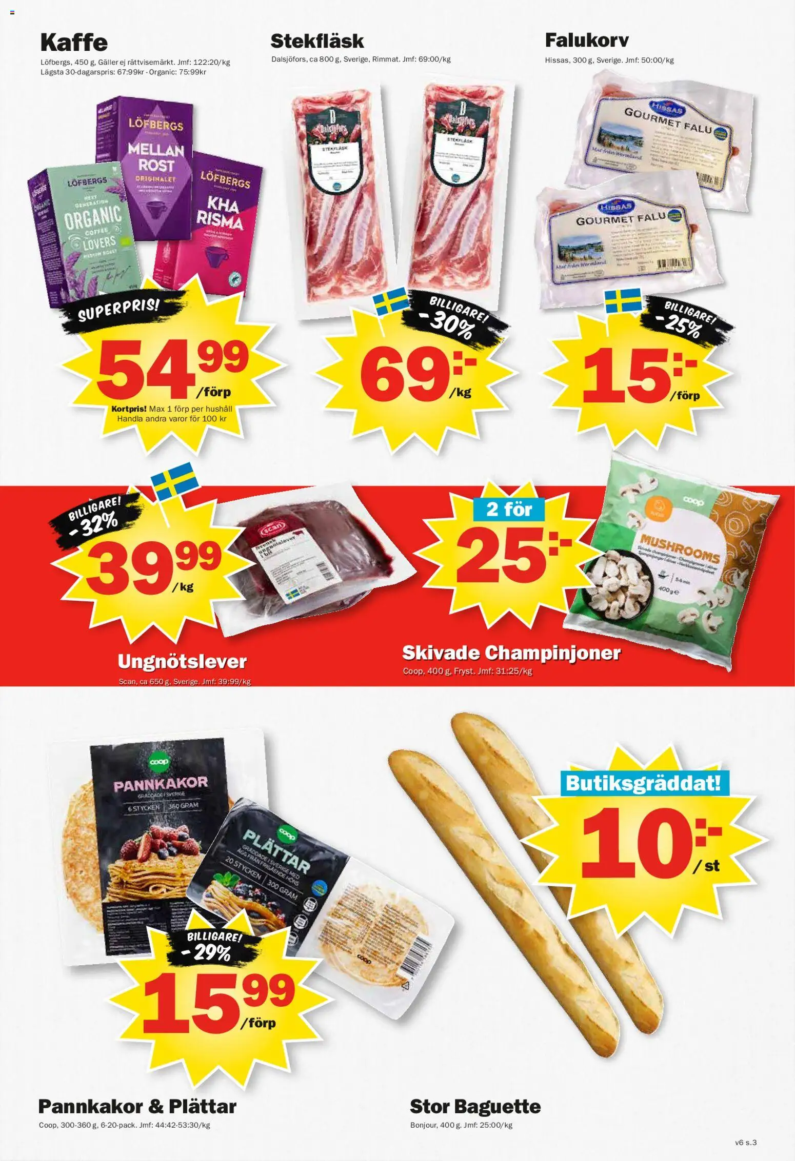 Pekås reklamblad aktuell från 02.02.2026 | Sida: 3 | Produkter: Baguette, Galler, Falukorv, Champinjoner
