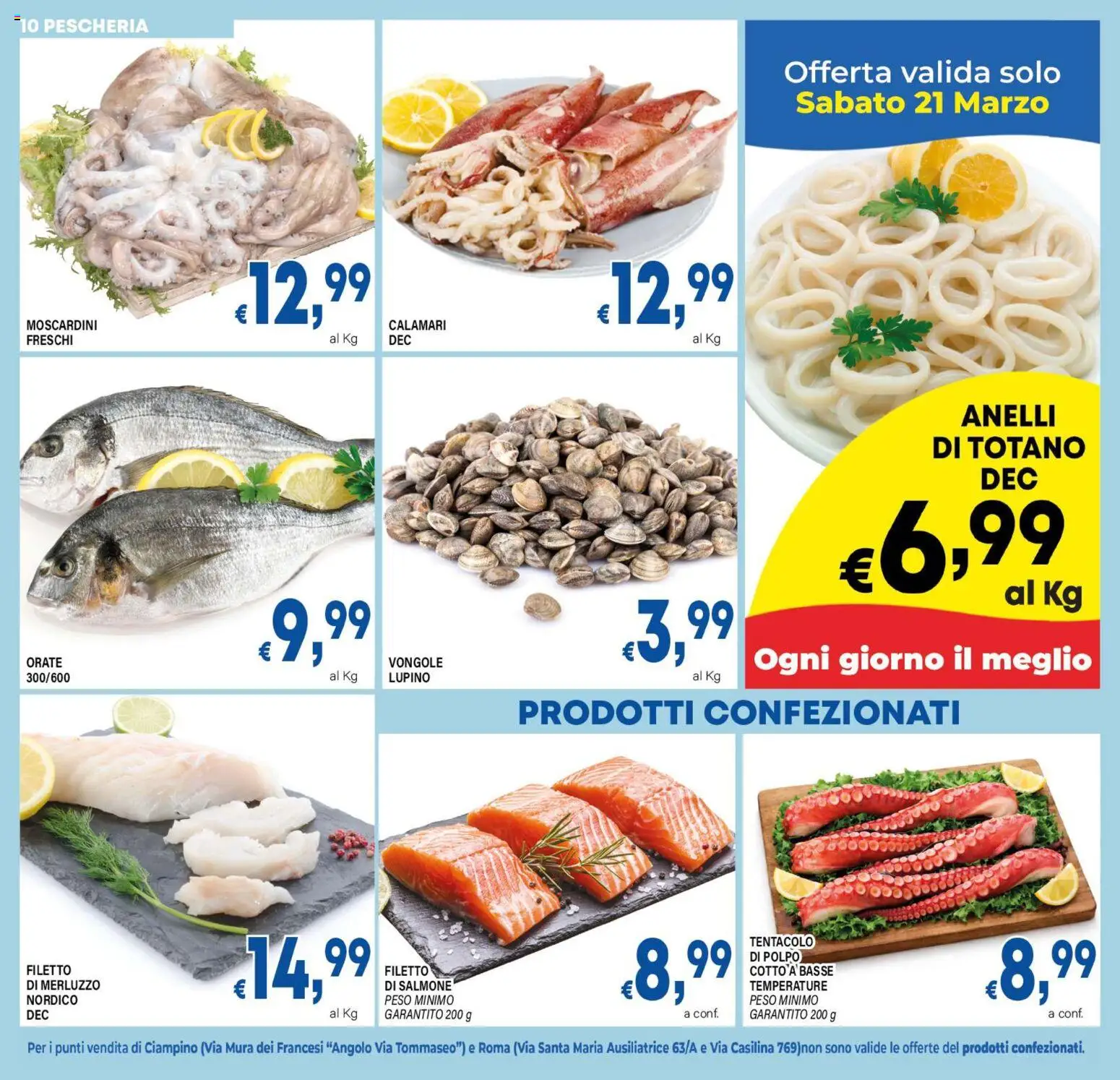 Volantino DEM del 17.03.2026 | Pagina: 10 | Prodotti: Salmone, Merluzzo, Vongole, Totano