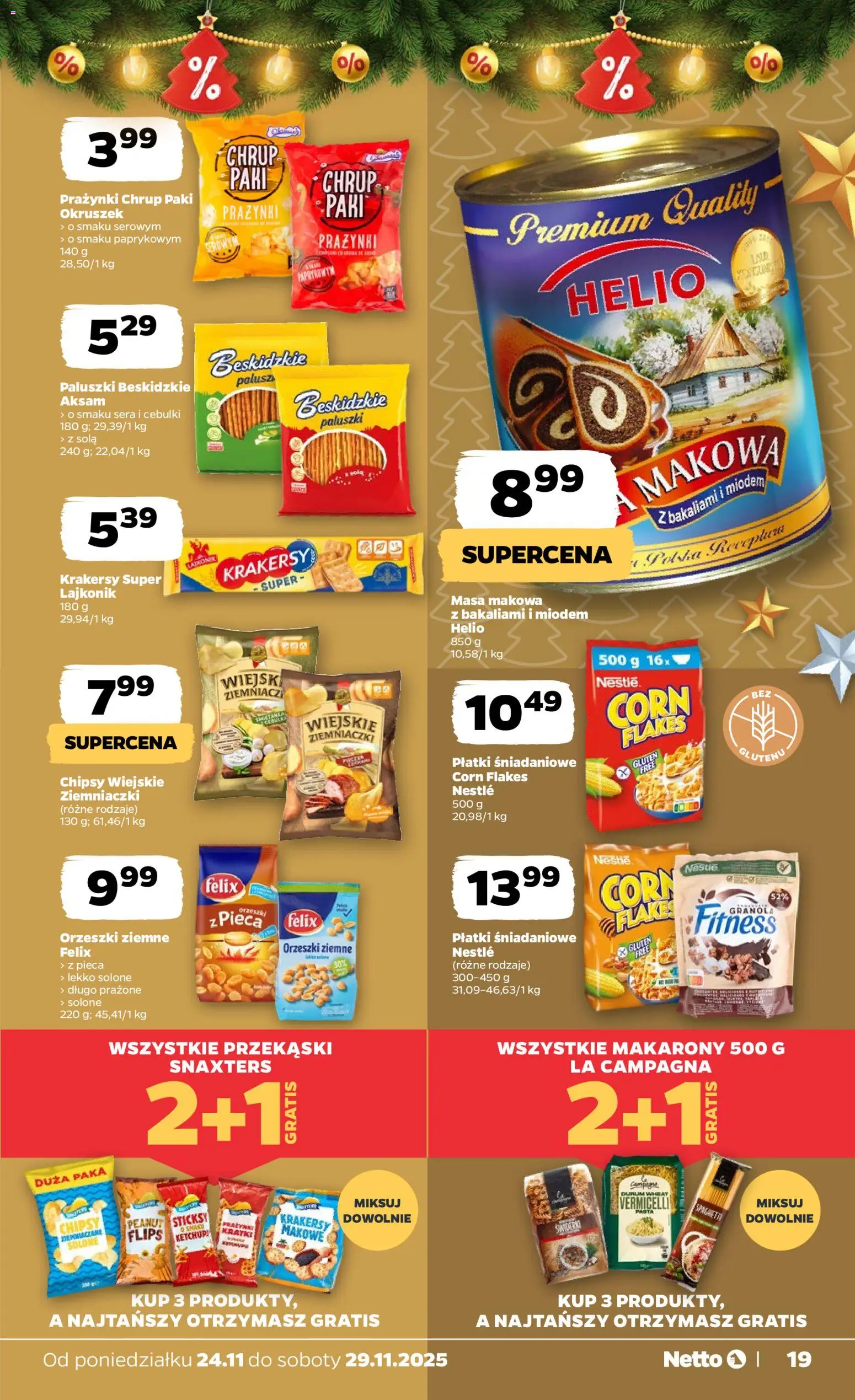 Netto gazetka od 24.11.2025 | Strona: 19 | Produkty: Paluszki, Orzeszki ziemne, Makarony, Corn Flakes
