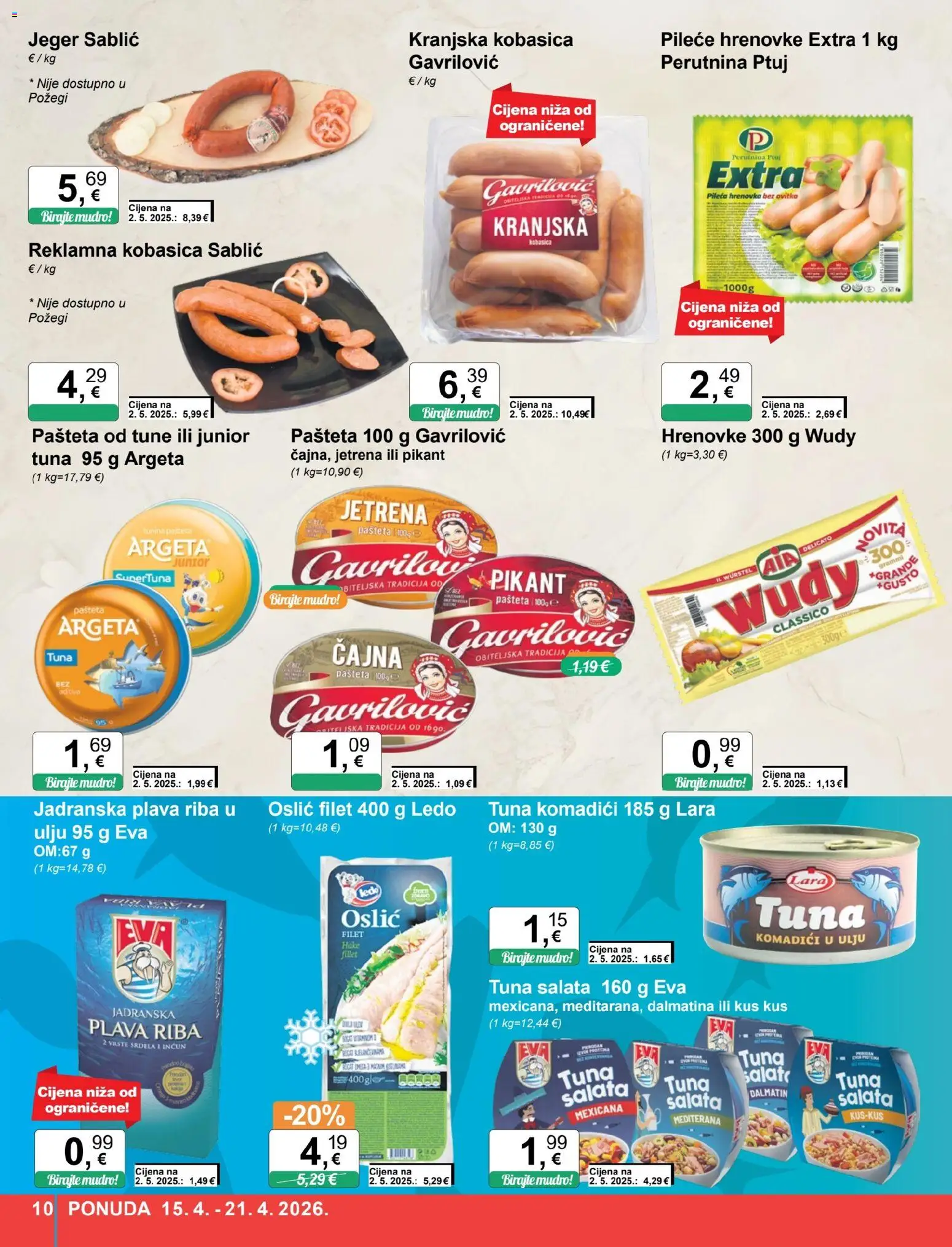 KTC katalog | vrijedi od 15.04.2026 | Stranica: 10 | Proizvodi: Riba, Kobasica, Oslić, Tuna