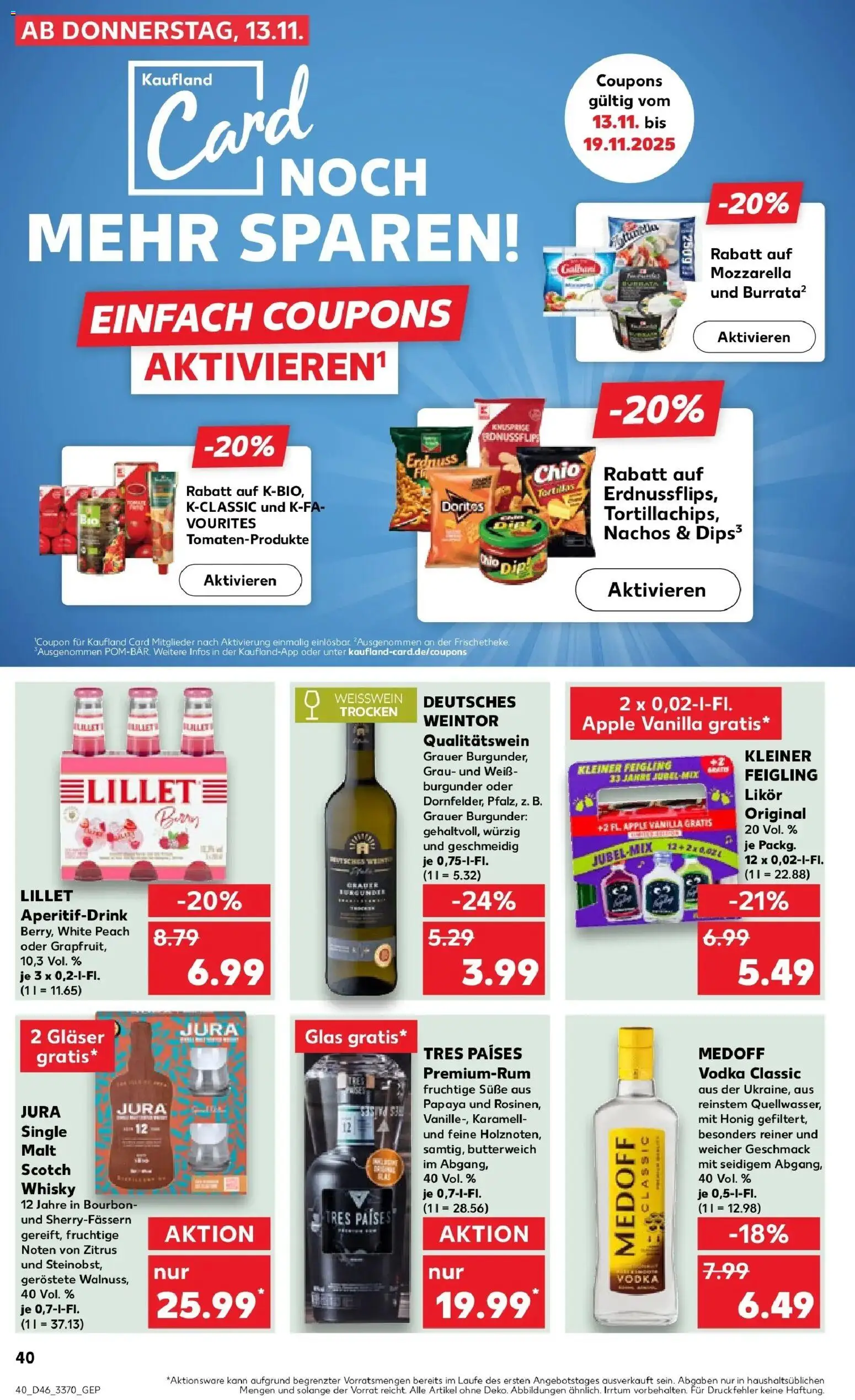 Kaufland prospekt Arnstadt	 – gültig ab 13.11.2025 | Seite: 40 | Produkte: Whisky, Weißwein, Mozzarella, Nachos