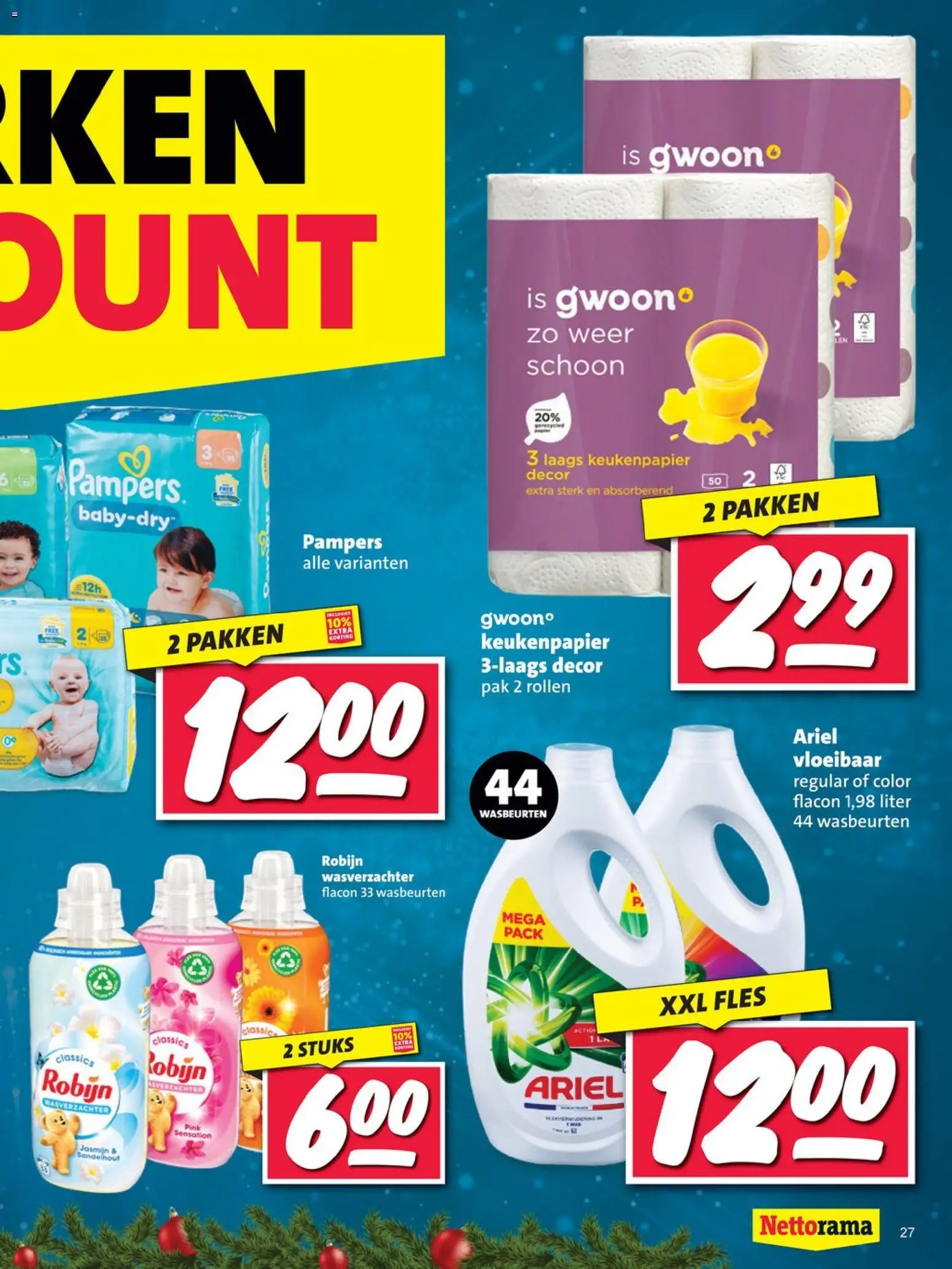 {H1} | Pagina: 27 | Producten: Wasverzachter, Keukenpapier, Fles, Pampers