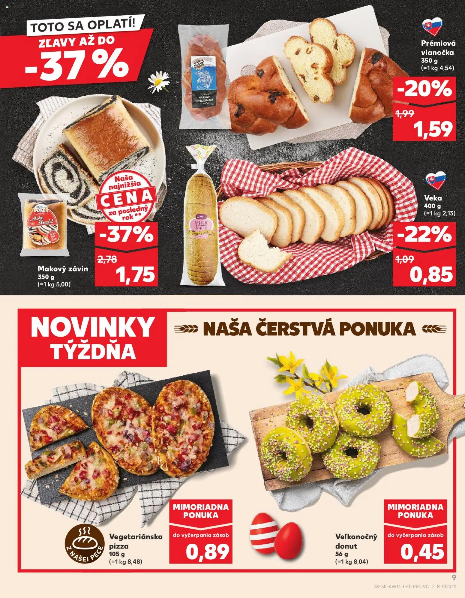 Nové Kaufland akcie – leták je platný od 01.04.2026 | Strana: 9 | Produkty: Pizza, Donut, Závin, Pec